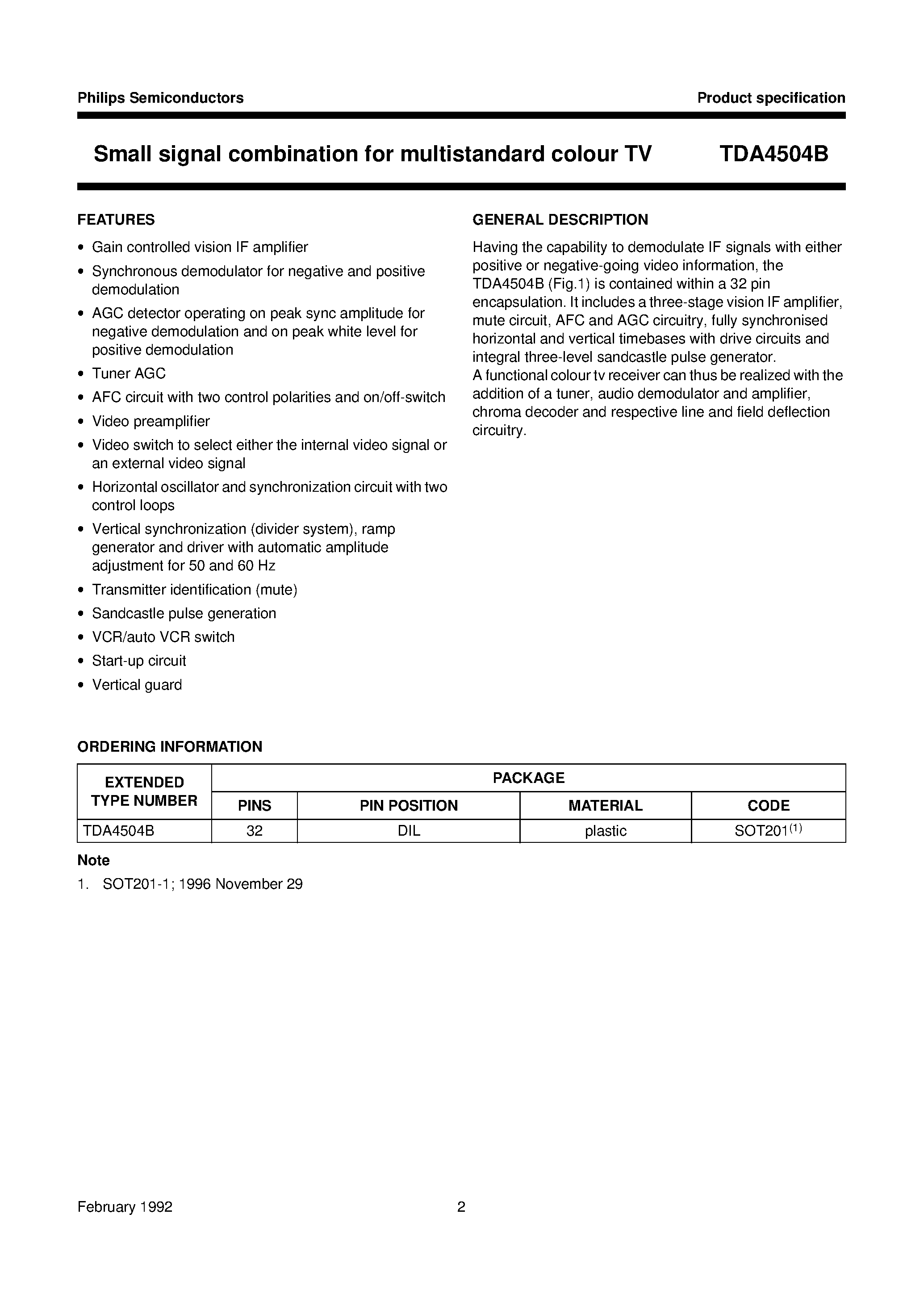 Datasheet TDA4504B - Small signal combination for multistandard colour TV page 2