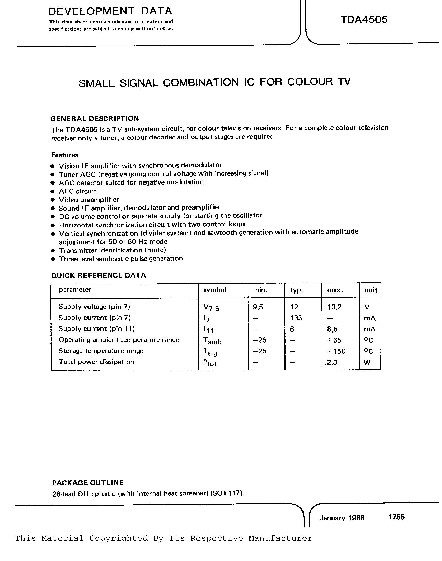 Datasheet TDA4505 - Small signal combination IC for colour TV page 1
