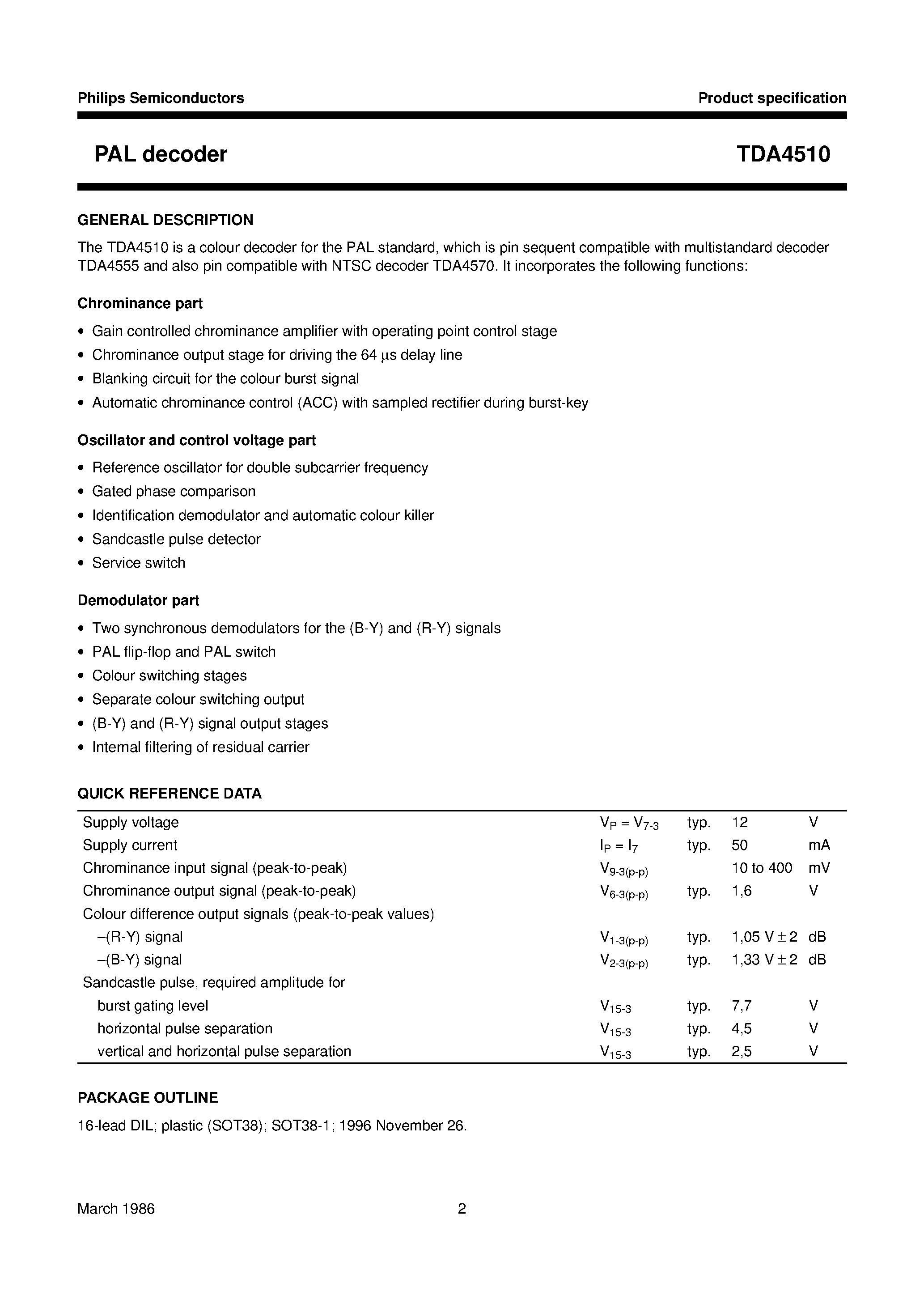 Datasheet TDA4510 - PAL decoder page 2