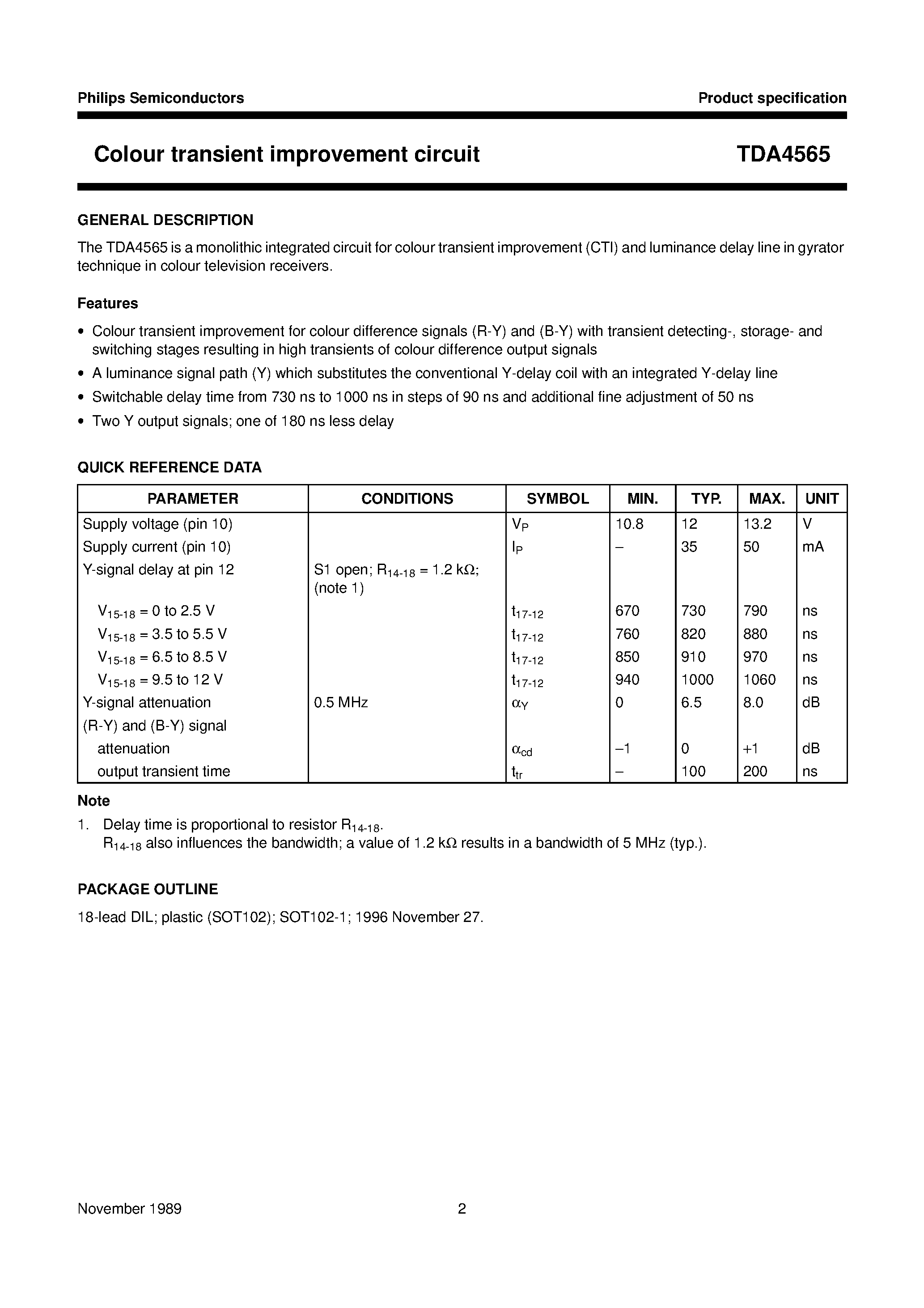 Datasheet TDA4565 - Colour transient improvement circuit page 2
