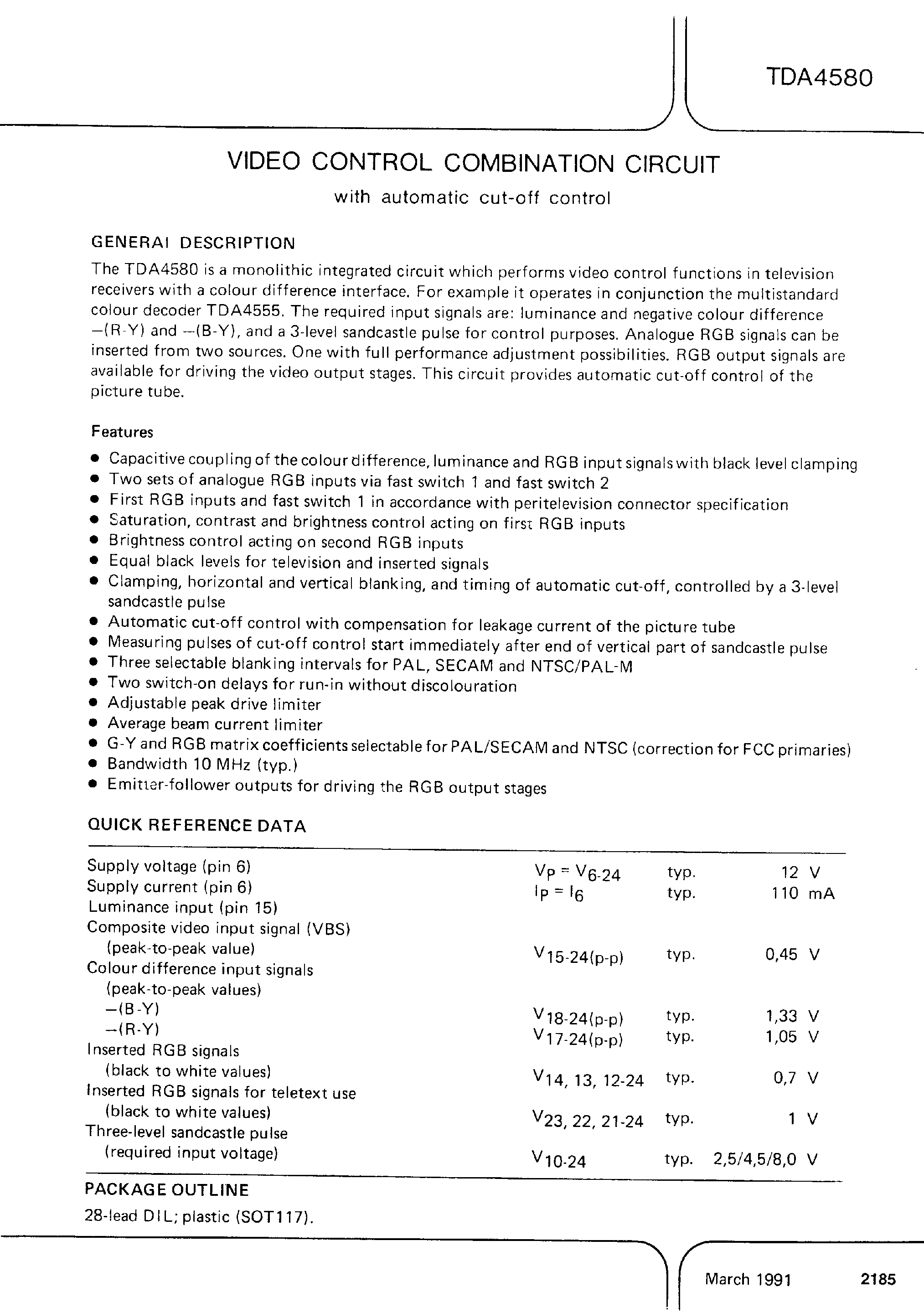 Datasheet TDA4580 - Video control combination circuit with automatic cut-off control page 1