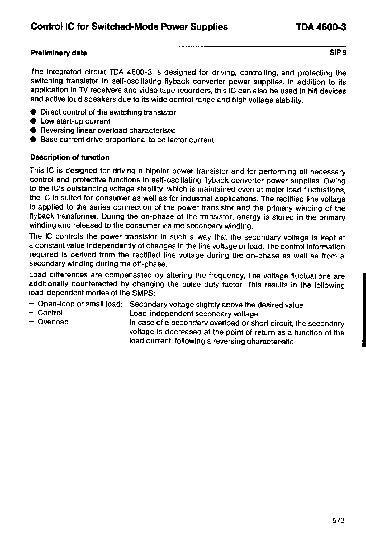 Datasheet TDA4600-3 page 1 Datasheet TDA4600-3 - CONTROL IC FOR SWITCHED - MODE POWER SUPPLIES page 1