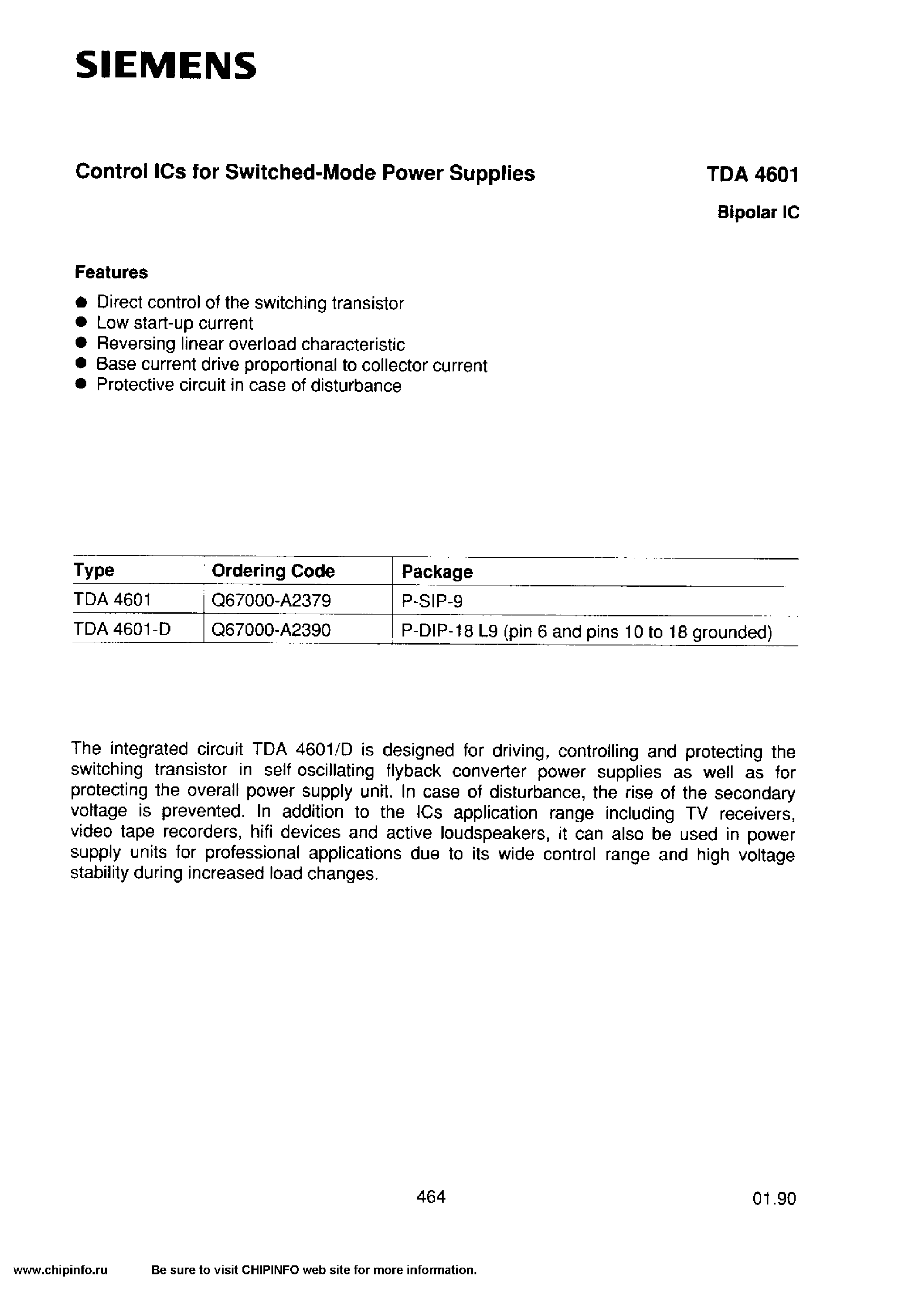 Datasheet TDA4601 - Control ICs for Switched-Mode Power Supplies page 1
