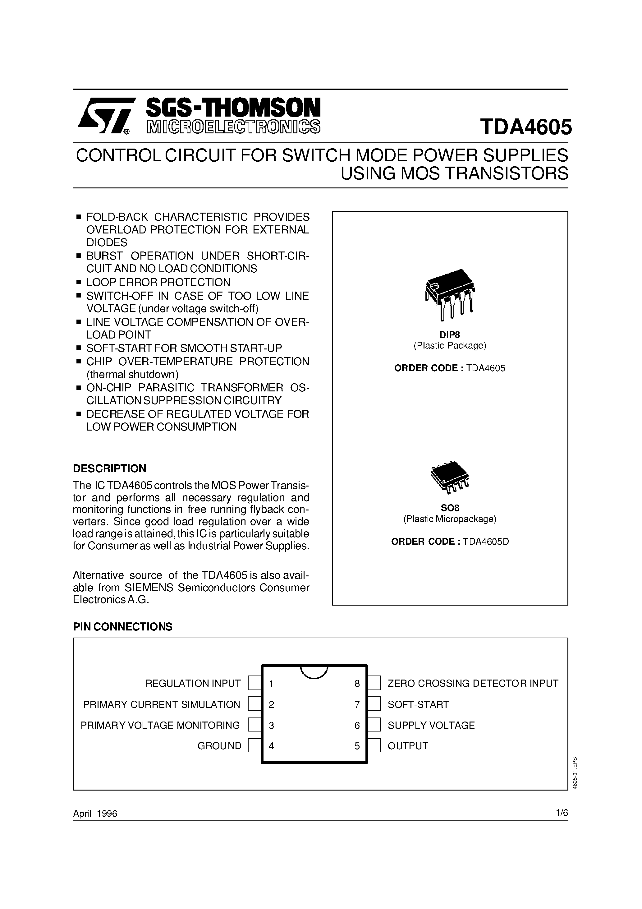 Даташит на микросхему TDA4605 страница 1 Даташит TDA4605 - CONTROL CIRCUIT FOR SWITCH MODE POWER SUPPLIES USING MOS TRANSISTORS страница 1