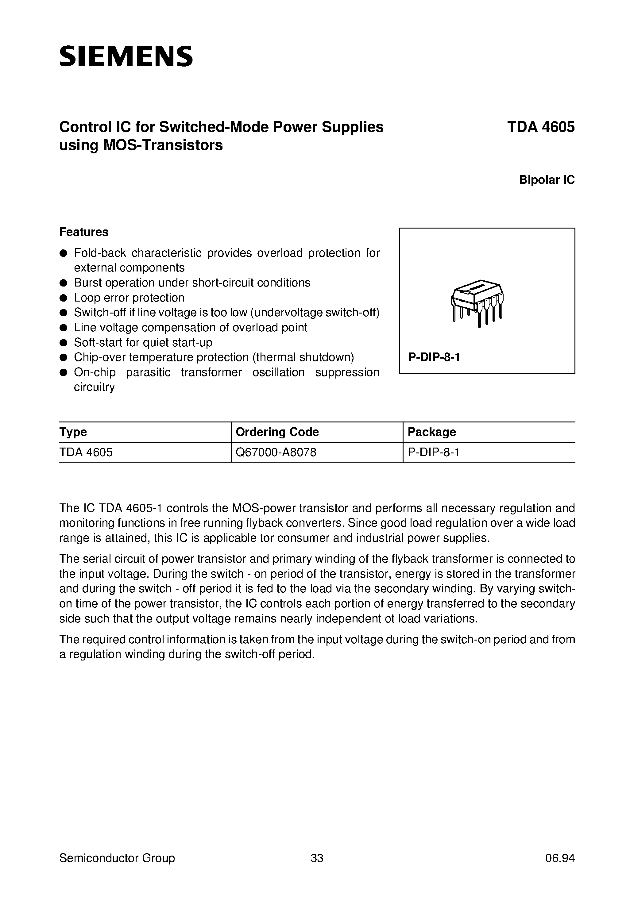 Datasheet TDA4605 page 1 Datasheet TDA4605 - Control IC for Switched-Mode Power Supplies using MOS-Transistors page 1