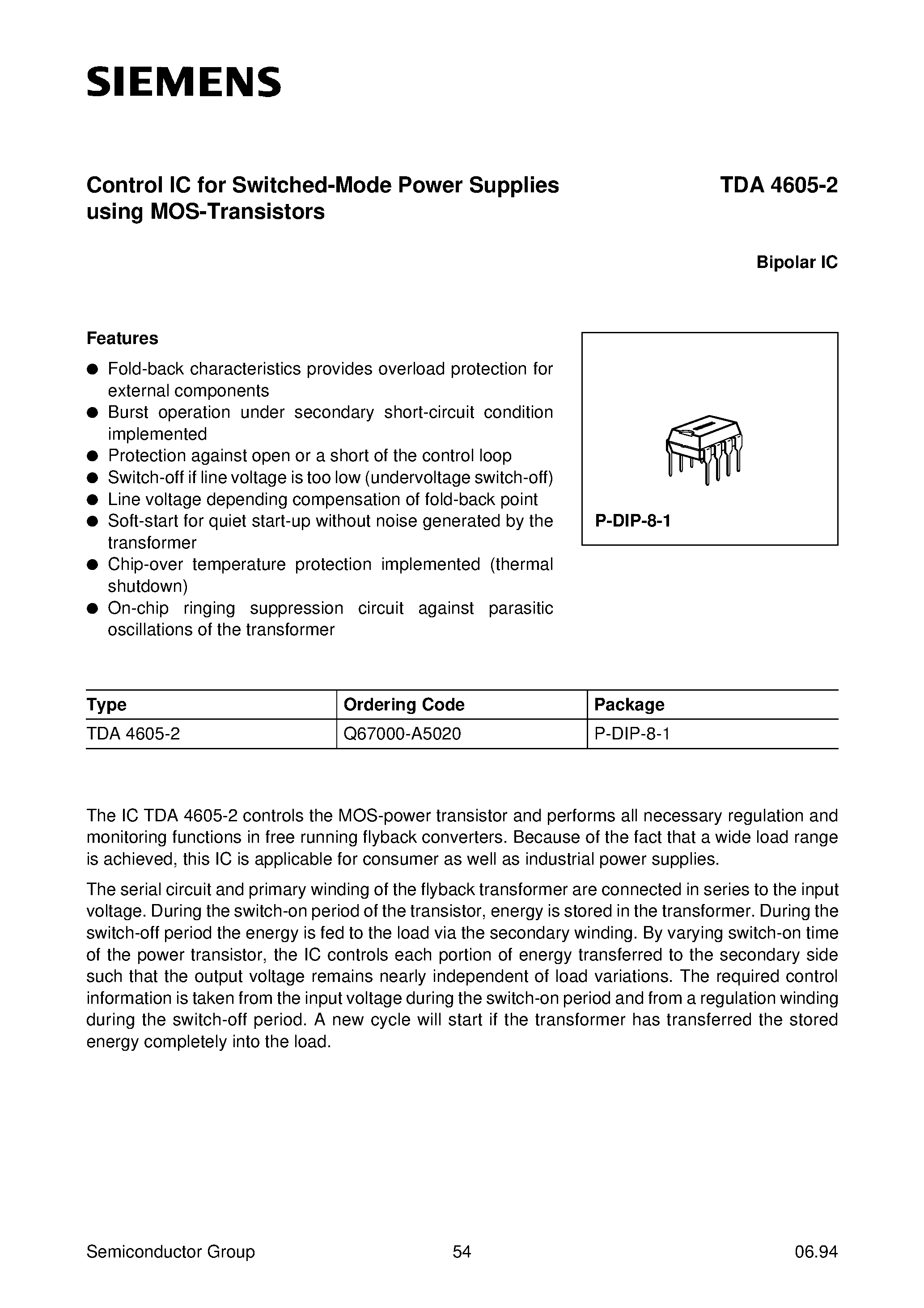 Datasheet TDA4605-2 - Control IC for Switched-Mode Power Supplies using MOS-Transistors page 1
