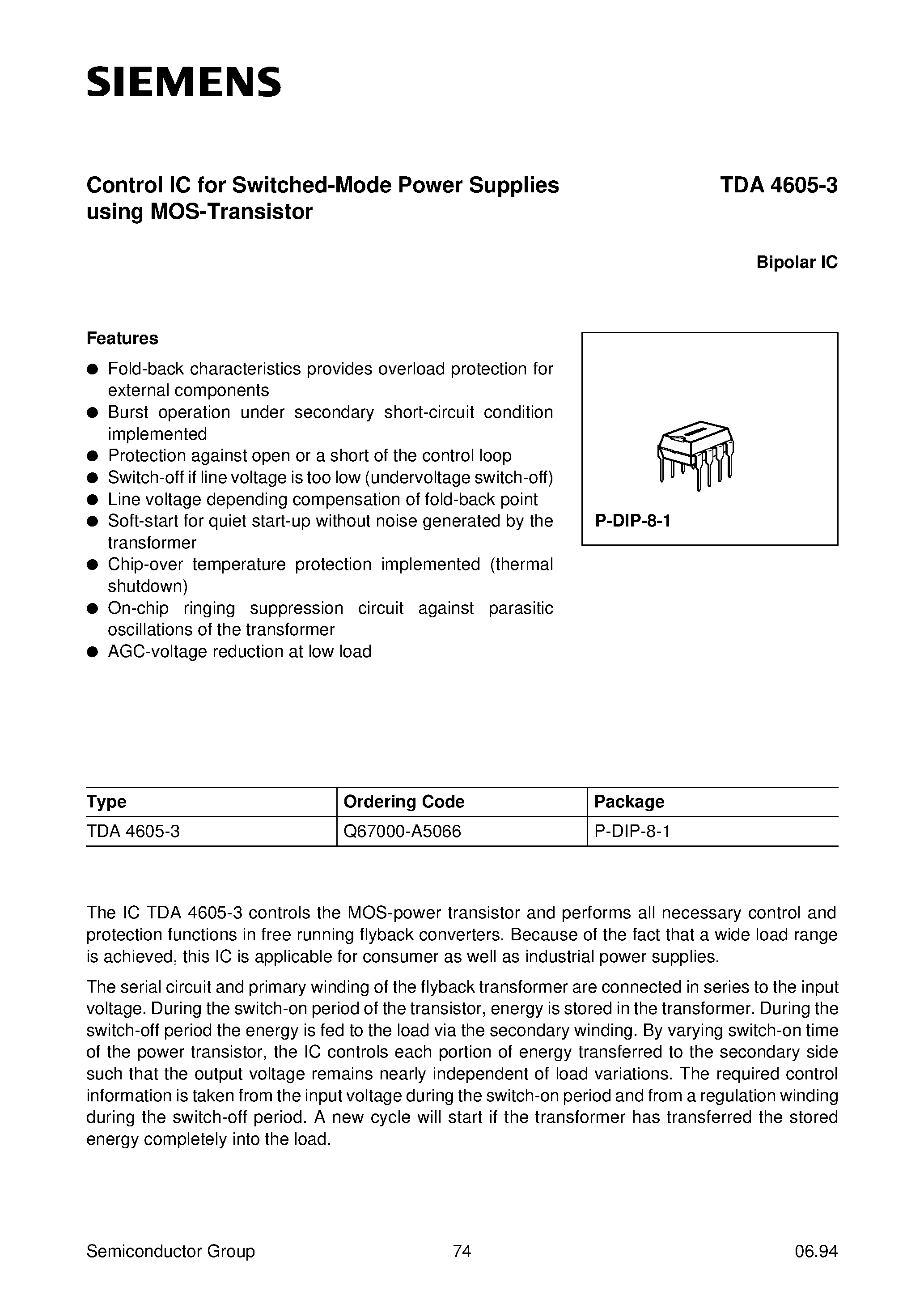 Datasheet TDA4605-3 page 1 Datasheet TDA4605-3 - Control IC for Switched-Mode Power Supplies using MOS-Transistor page 1