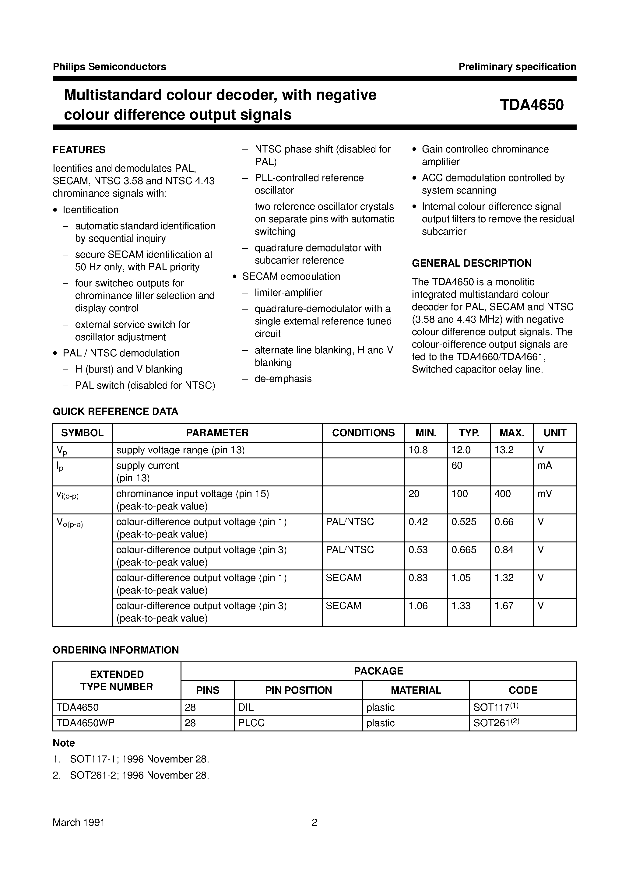 Datasheet TDA4650WP - Multistandard colour decoder/ with negative colour difference output signals page 2