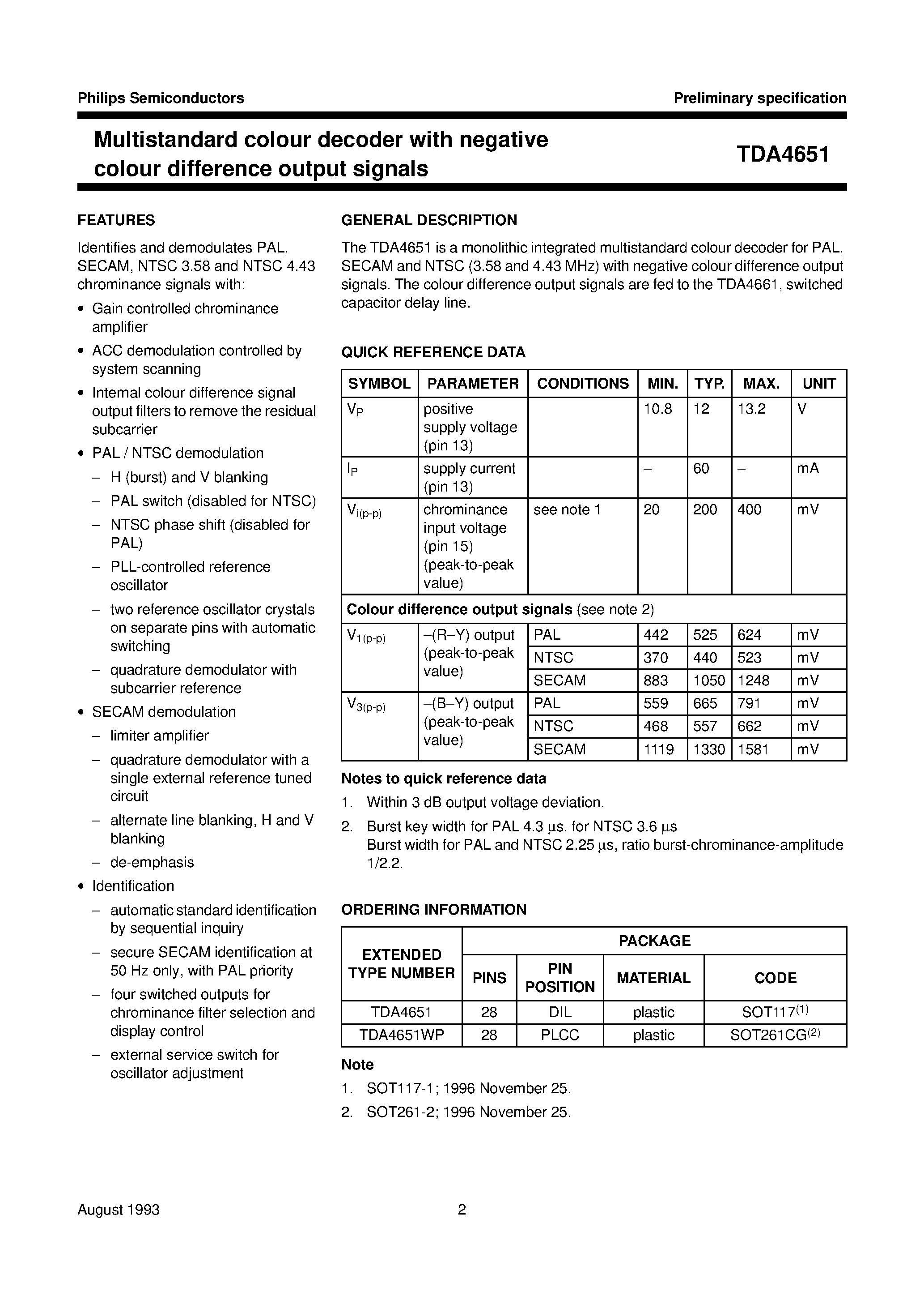 Datasheet TDA4651WP - Multistandard colour decoder with negative colour difference output signals page 2