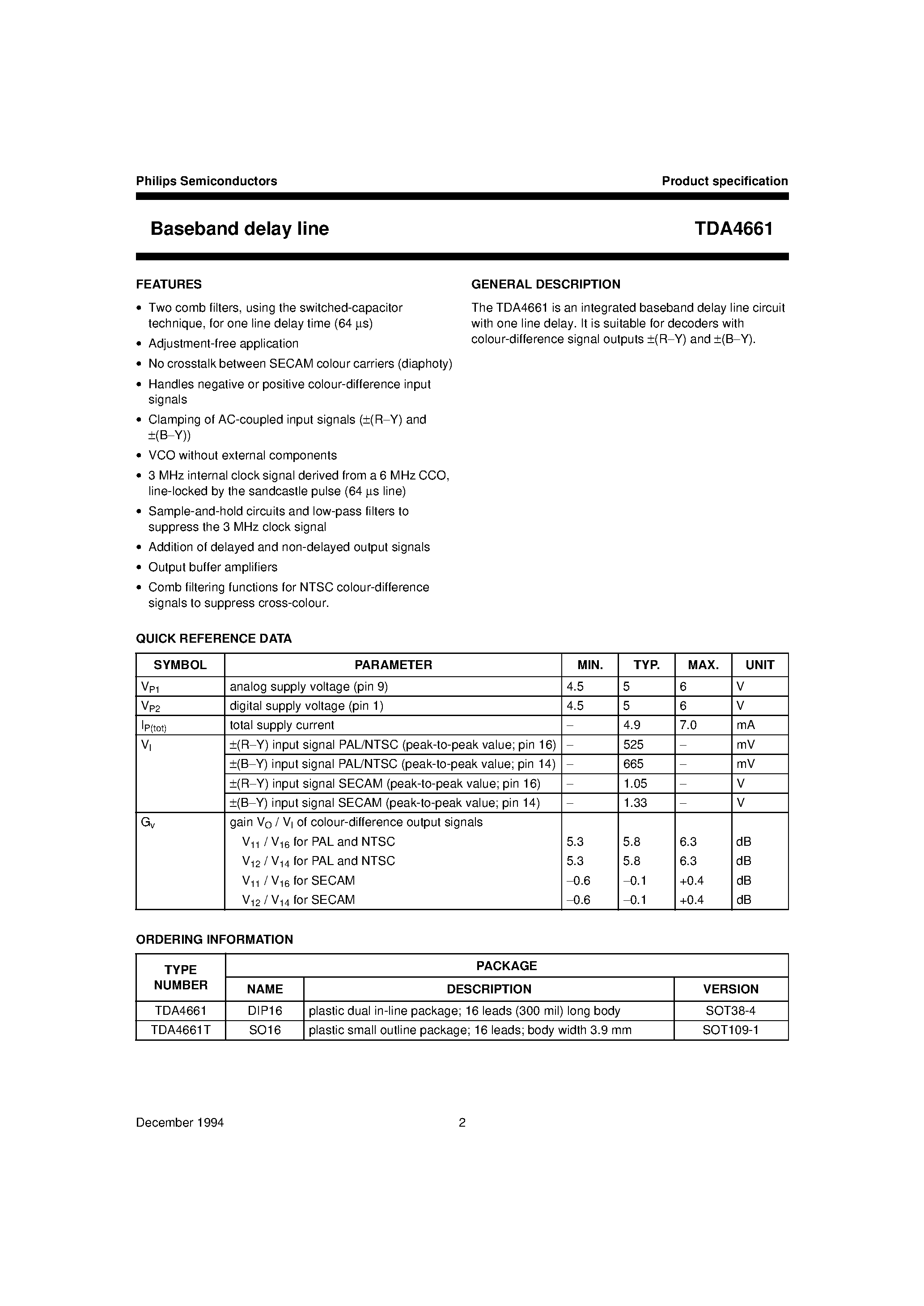 Datasheet TDA4661T - Baseband delay line page 1