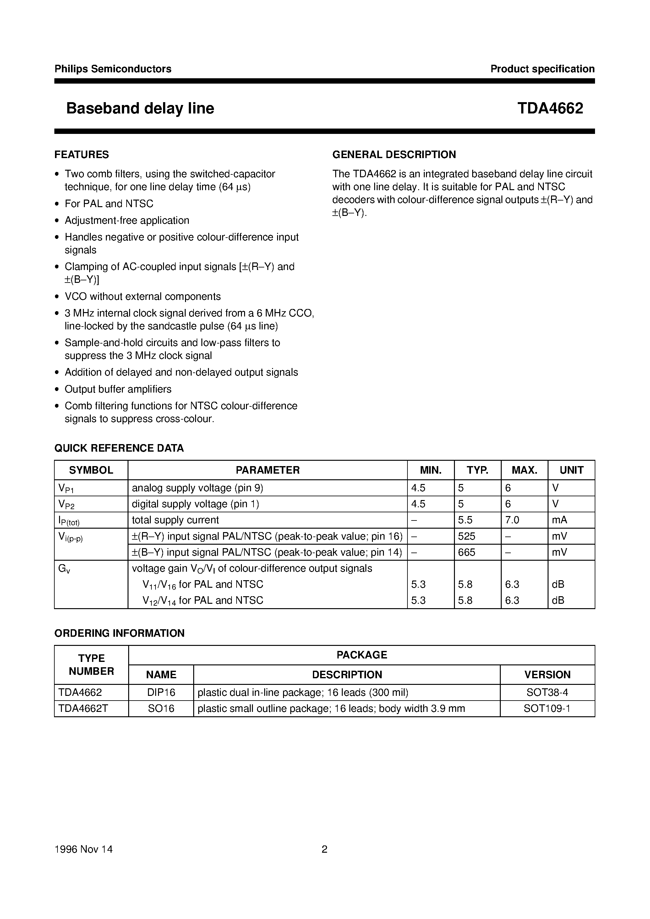 Datasheet TDA4662T - Baseband delay line page 2