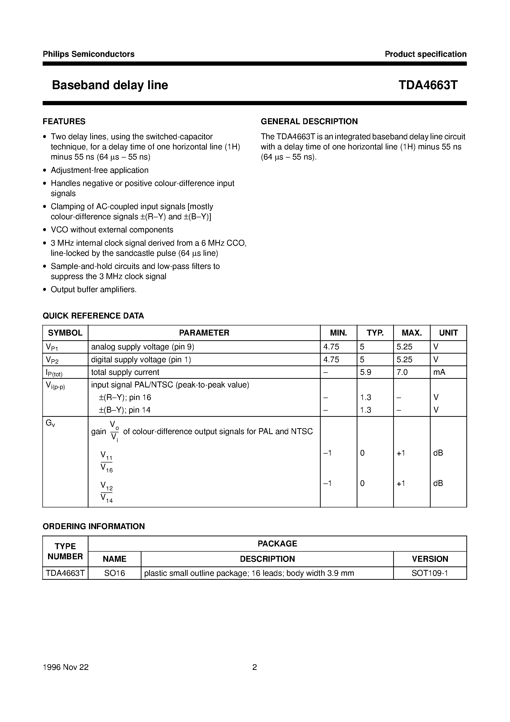 Datasheet TDA4663T - Baseband delay line page 2