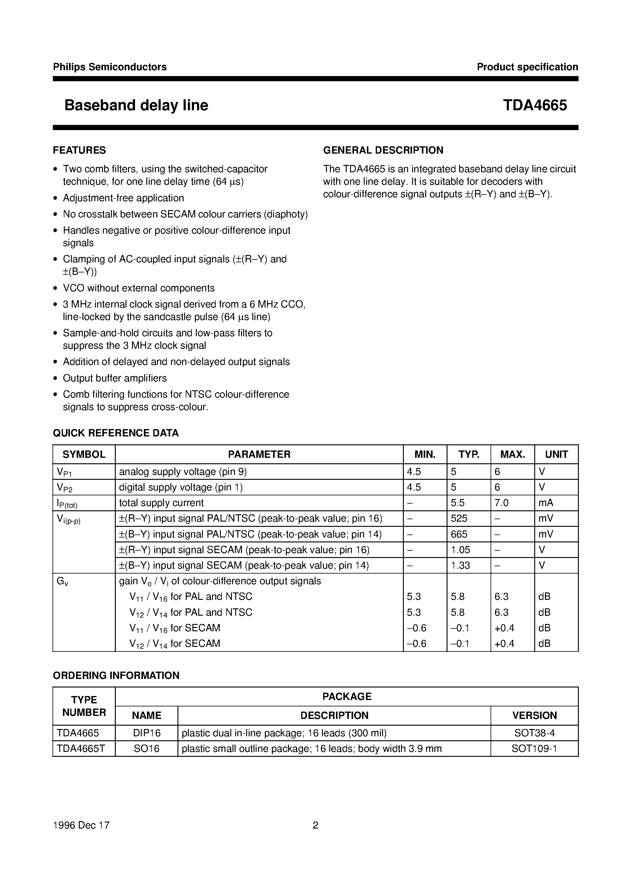 Datasheet TDA4665T - Baseband delay line page 2