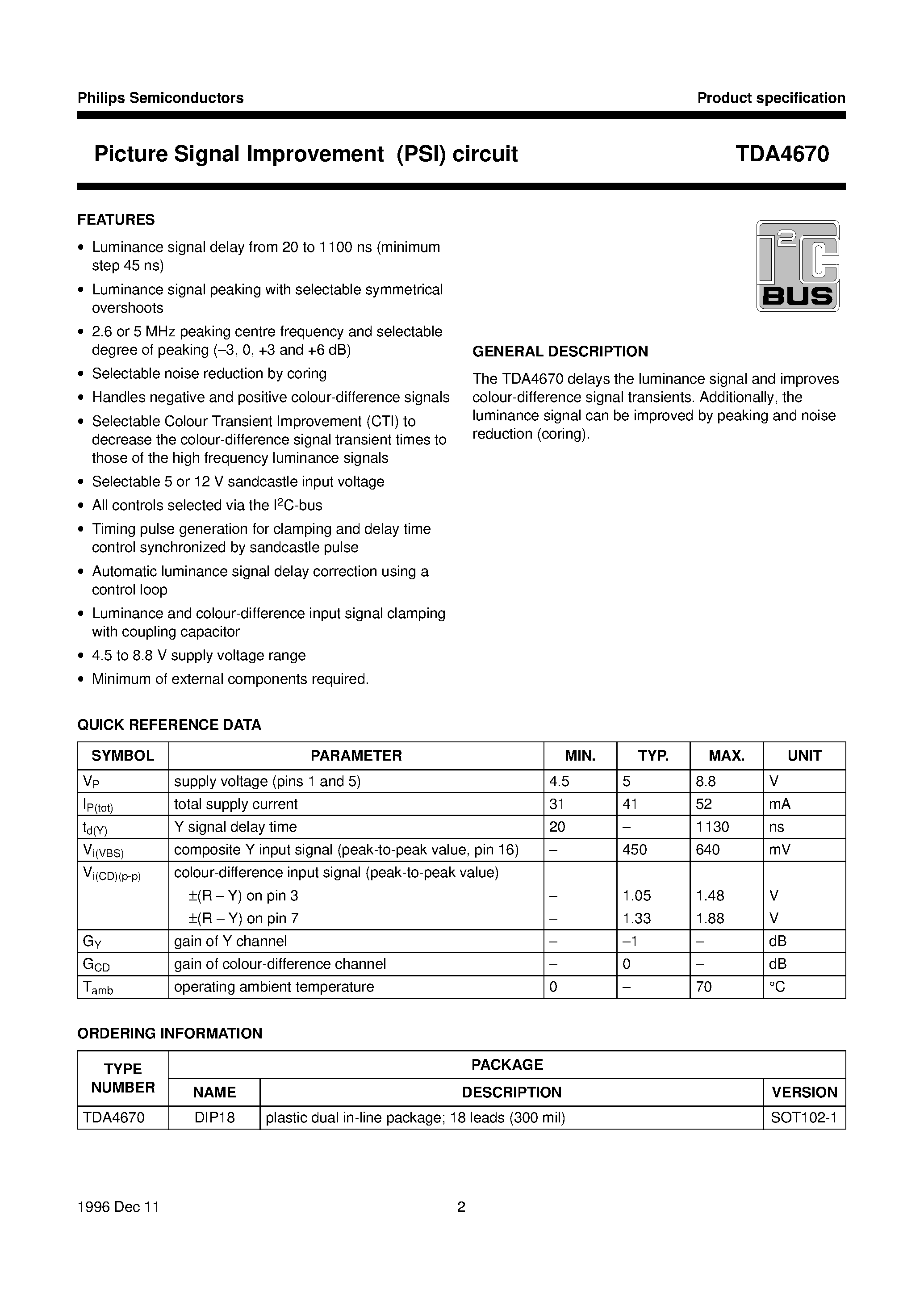 Datasheet TDA4670 page 2 Datasheet TDA4670 - Picture Signal Improvement PSI circuit page 2