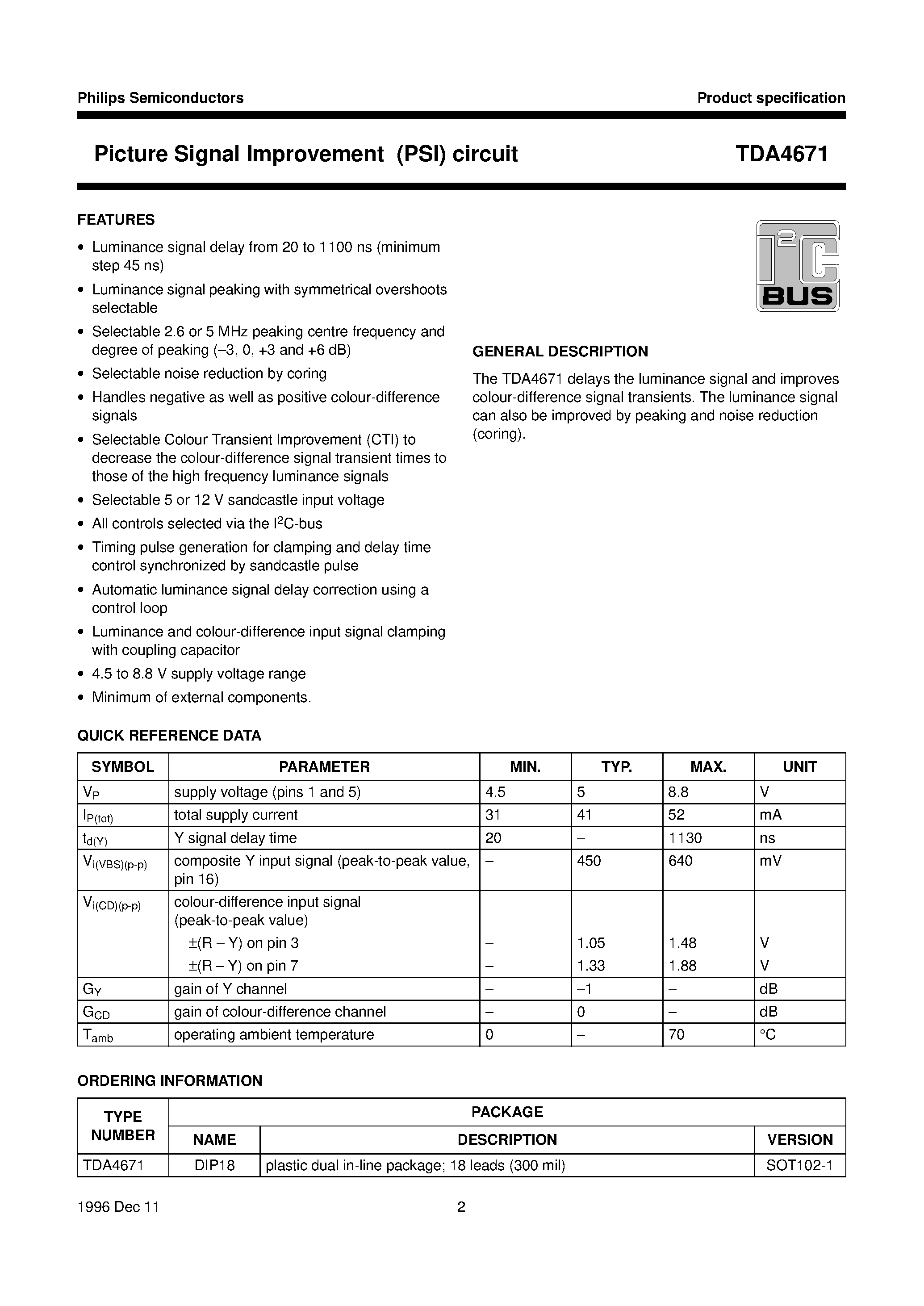 Datasheet TDA4671 page 2 Datasheet TDA4671 - Picture Signal Improvement PSI circuit page 2