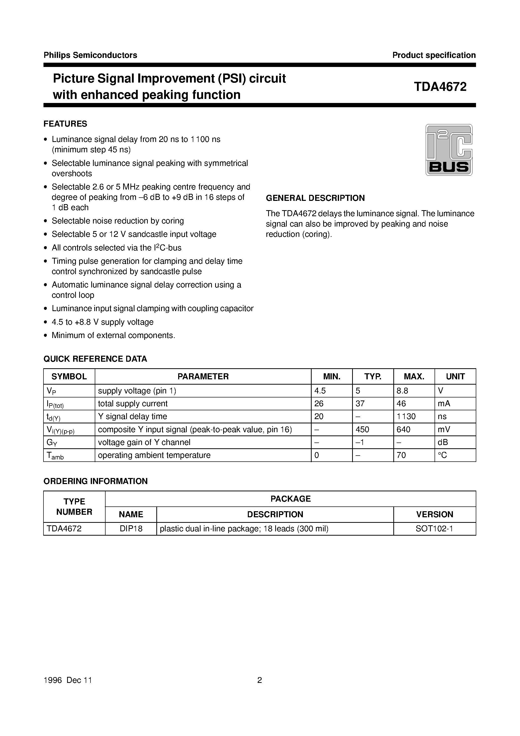 Datasheet TDA4672 - Picture Signal Improvement PSI circuit with enhanced peaking function page 2