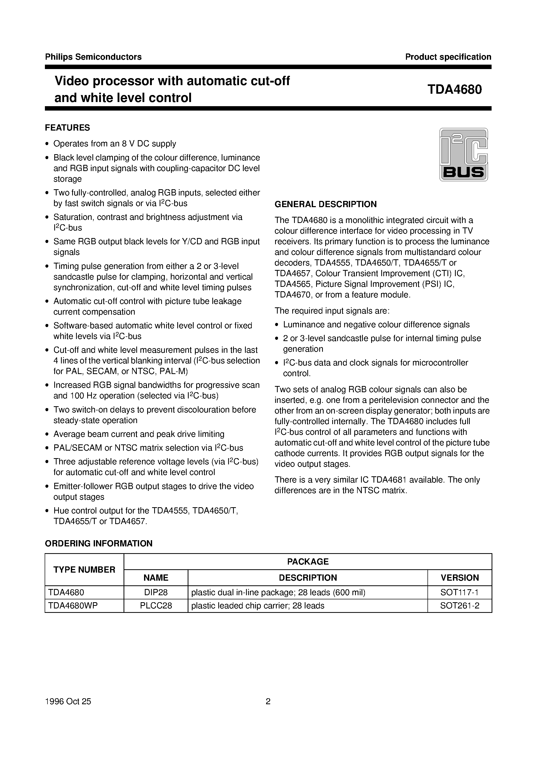Datasheet TDA4680 - Video processor with automatic cut-off and white level control page 2