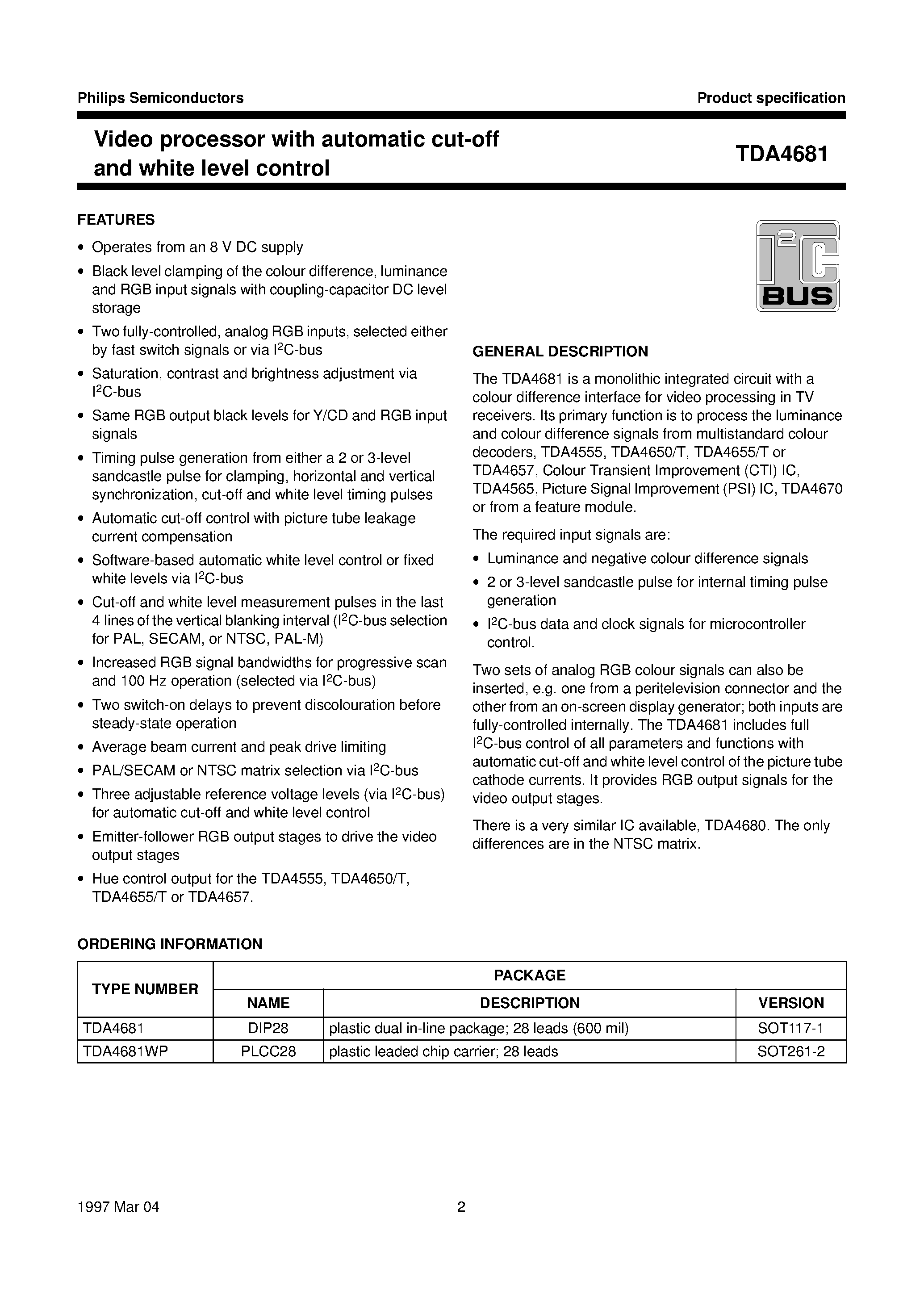 Datasheet TDA4681 page 2 Datasheet TDA4681 - Video processor with automatic cut-off and white level control page 2