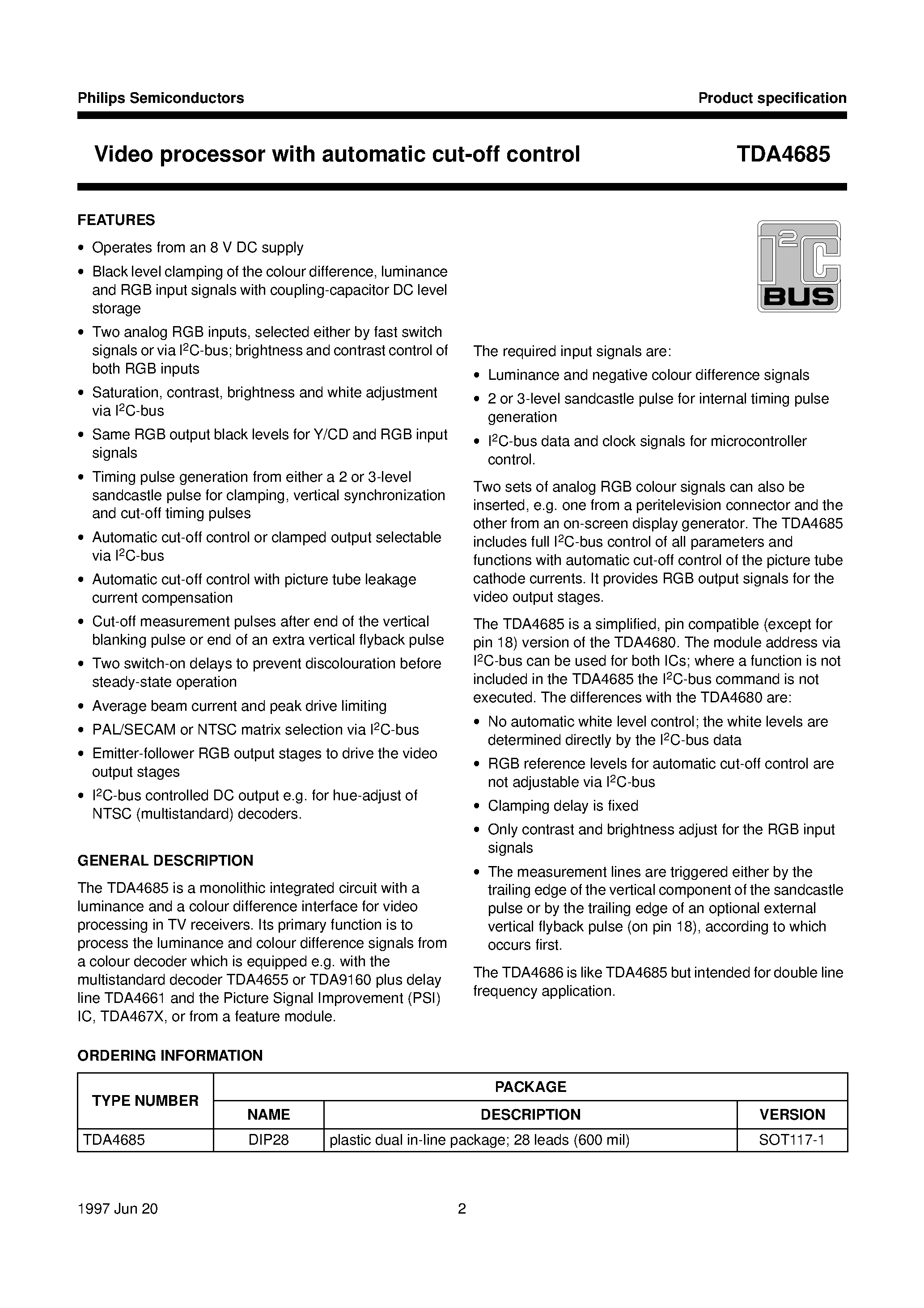 Datasheet TDA4685 - Video processor with automatic cut-off control page 2