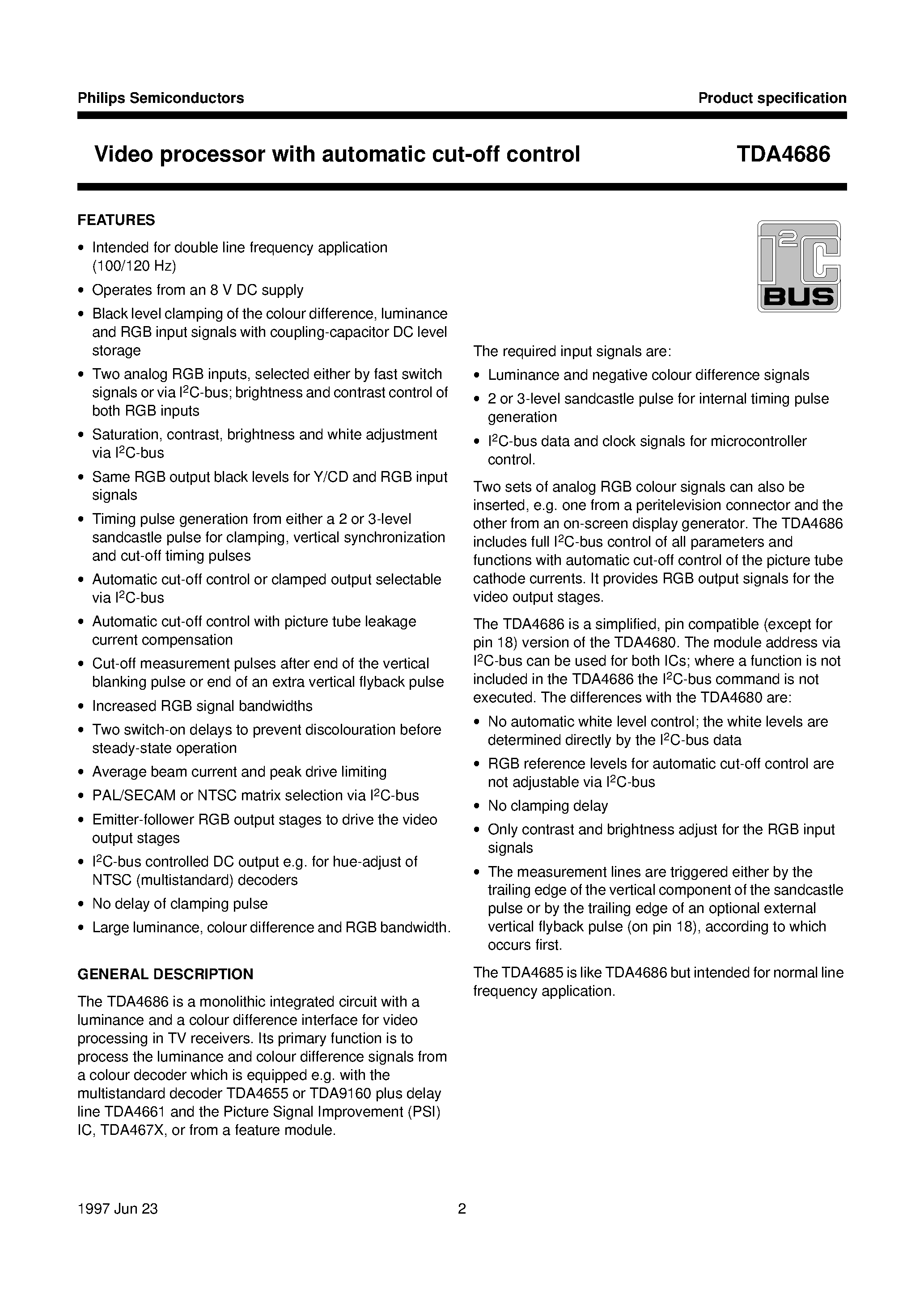 Datasheet TDA4686WP page 2 Datasheet TDA4686WP - Video processor with automatic cut-off control page 2