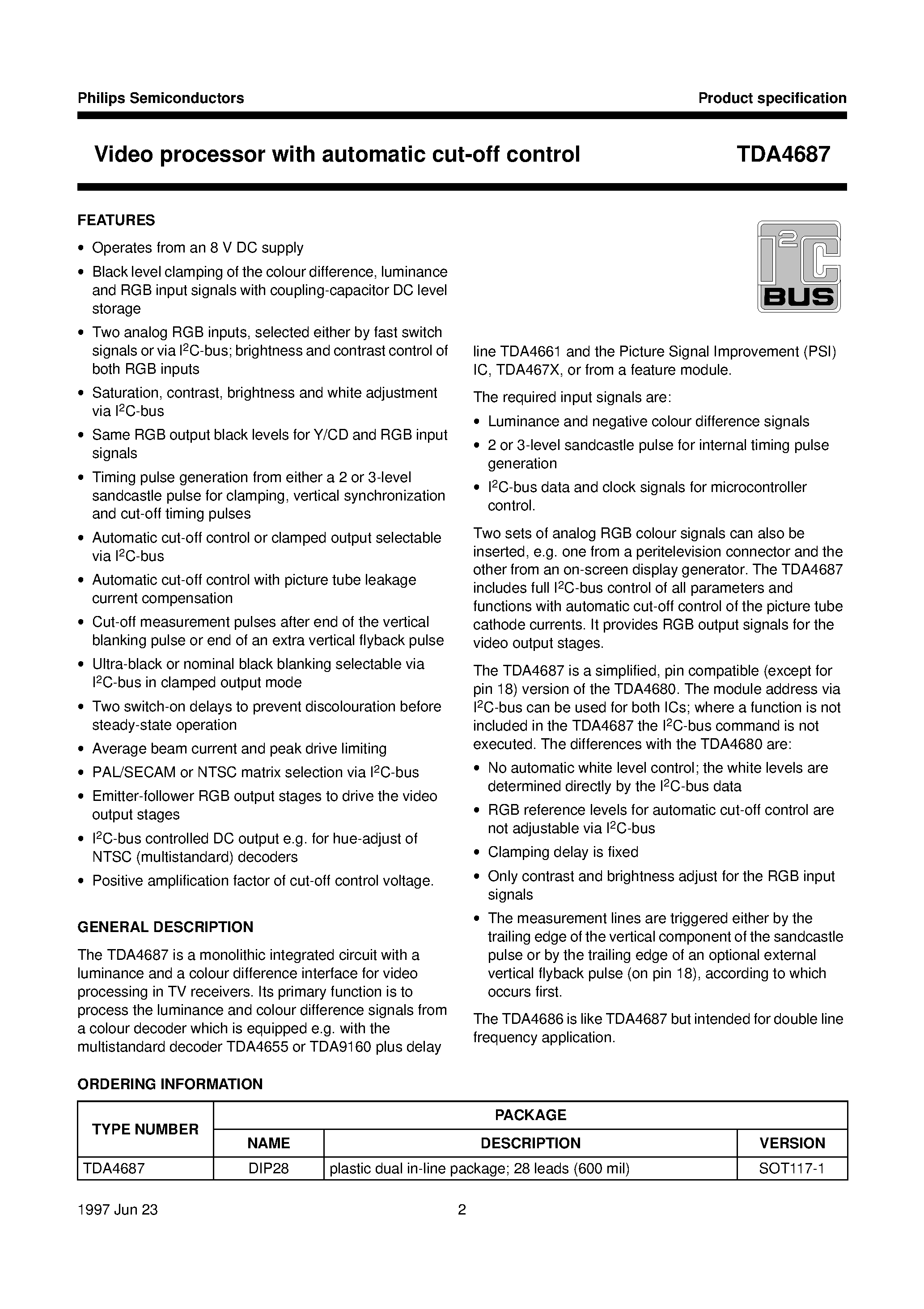 Datasheet TDA4687 page 2 Datasheet TDA4687 - Video processor with automatic cut-off control page 2