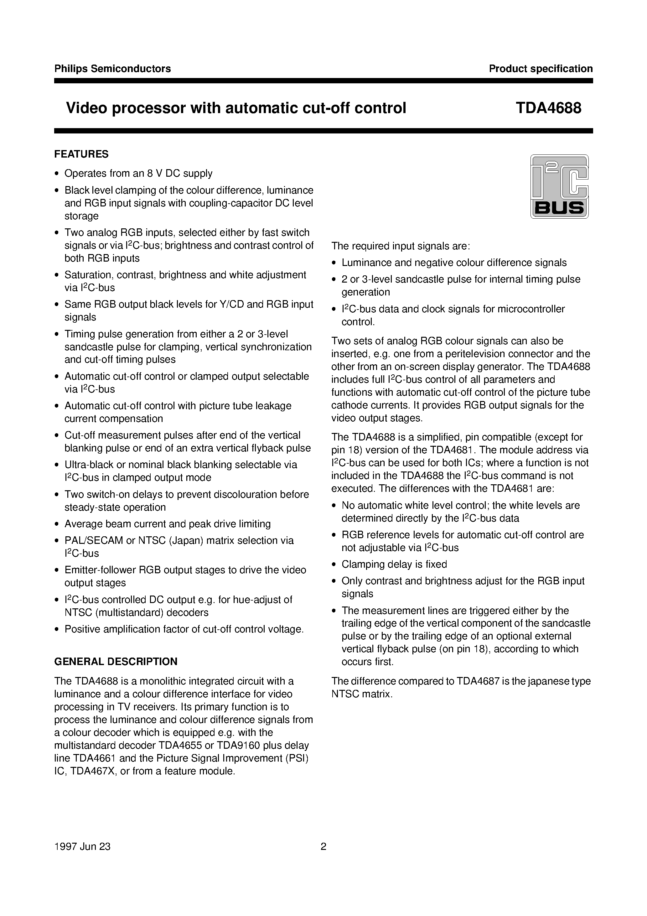 Datasheet TDA4688 - Video processor with automatic cut-off control page 2