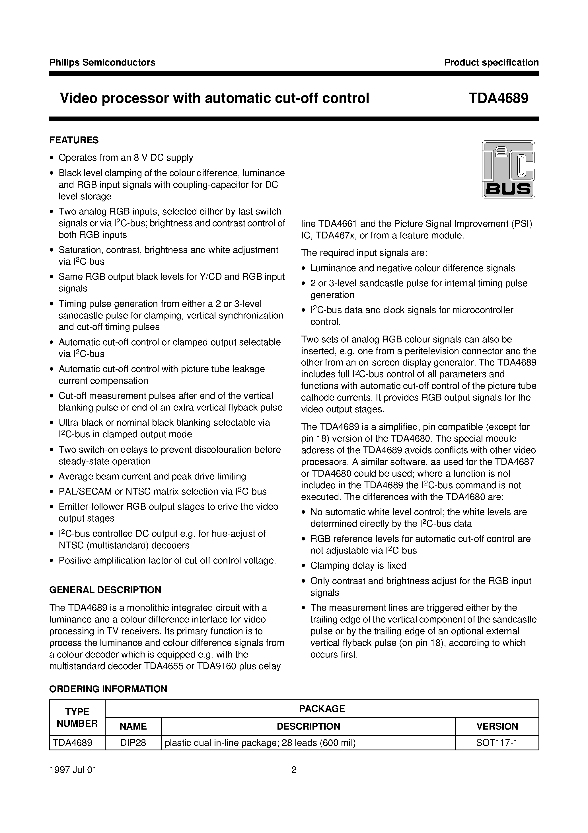 Даташит TDA4689 - Video processor with automatic cut-off control страница 2