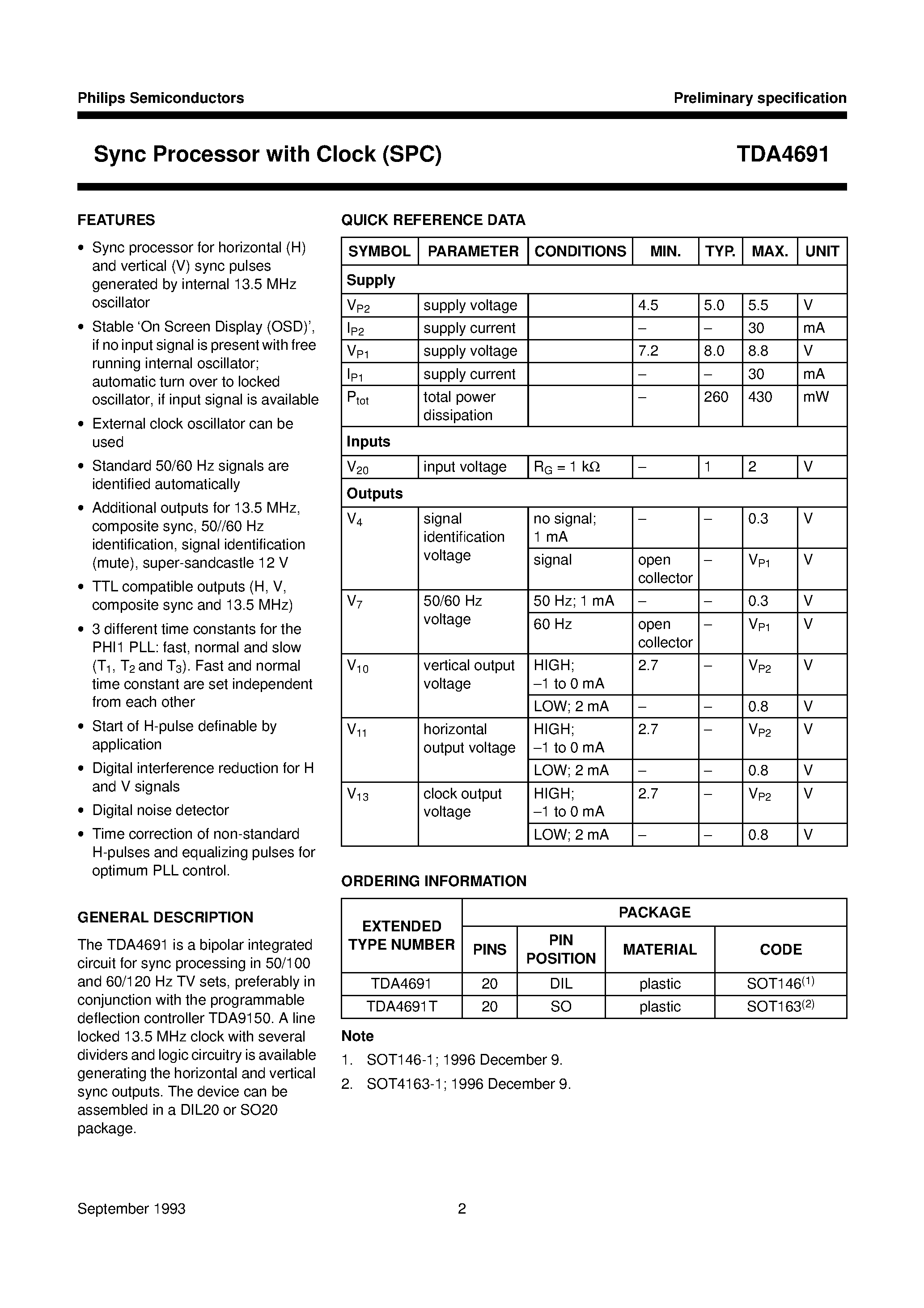 Даташит TDA4691 - Sync Processor with Clock SPC страница 2