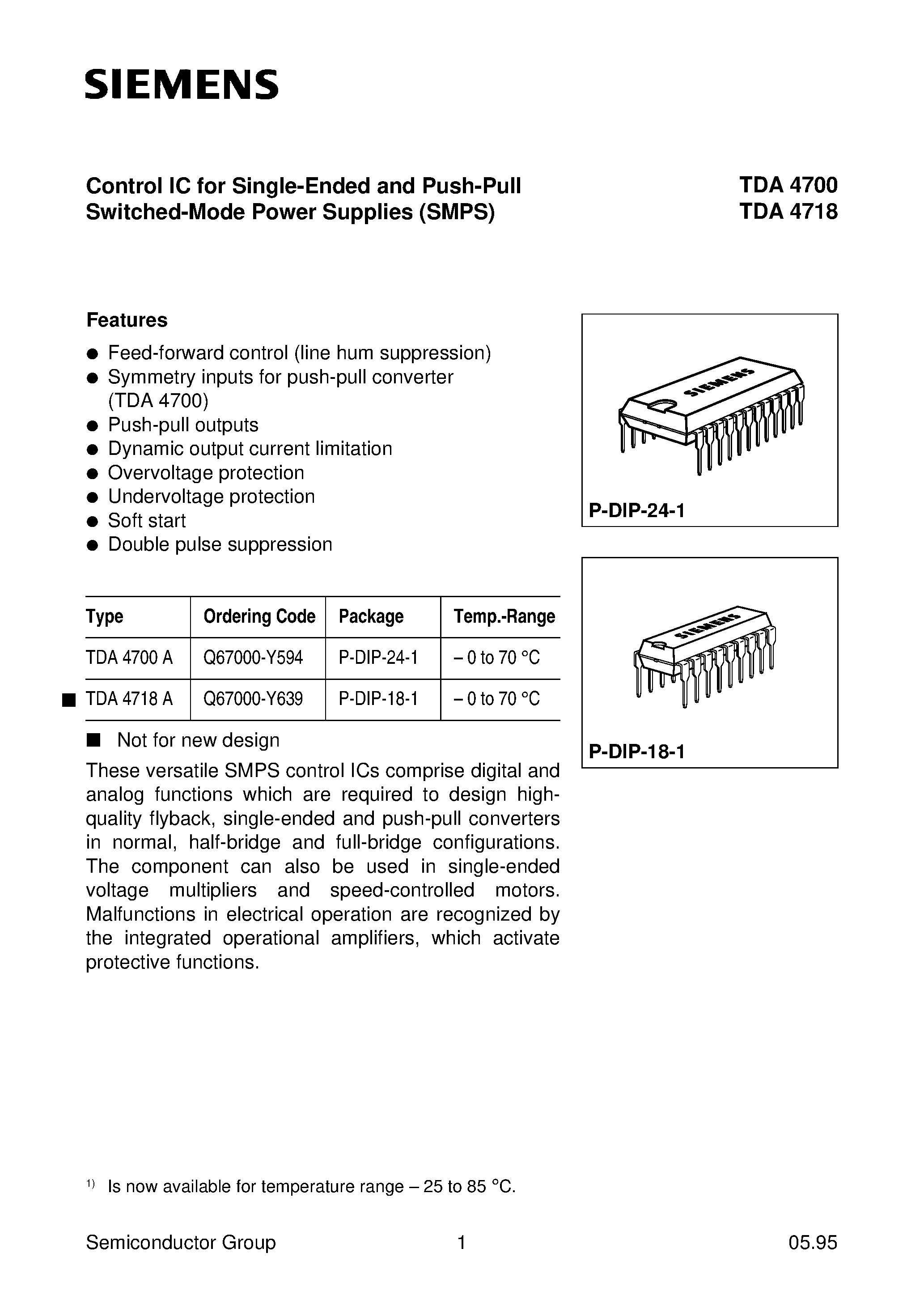 Datasheet TDA4700 - Control IC for Single-Ended and Push-Pull Switched-Mode Power Supplies SMPS page 1