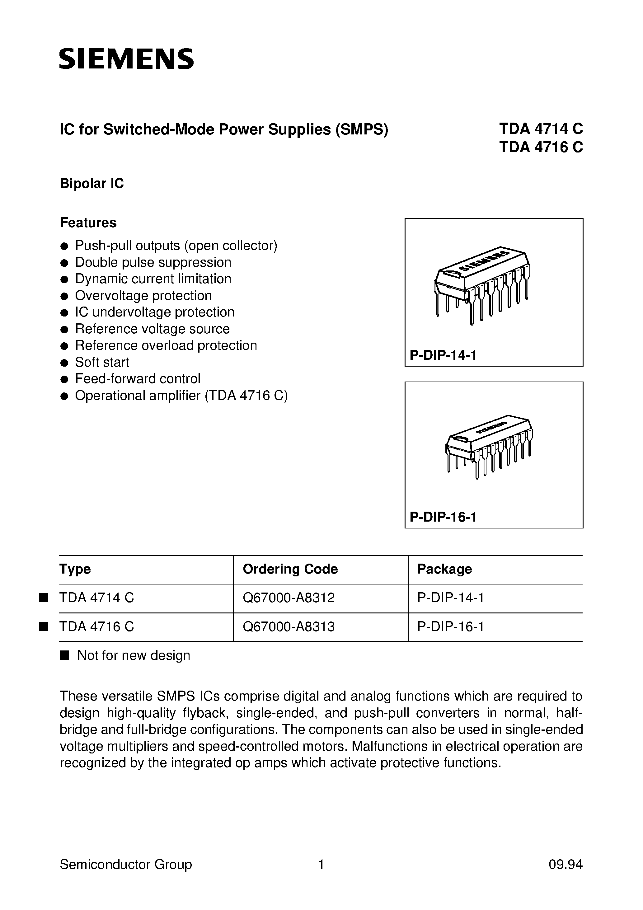 Datasheet TDA4716C page 1 Datasheet TDA4716C - IC for Switched-Mode Power Supplies (SMPS) page 1