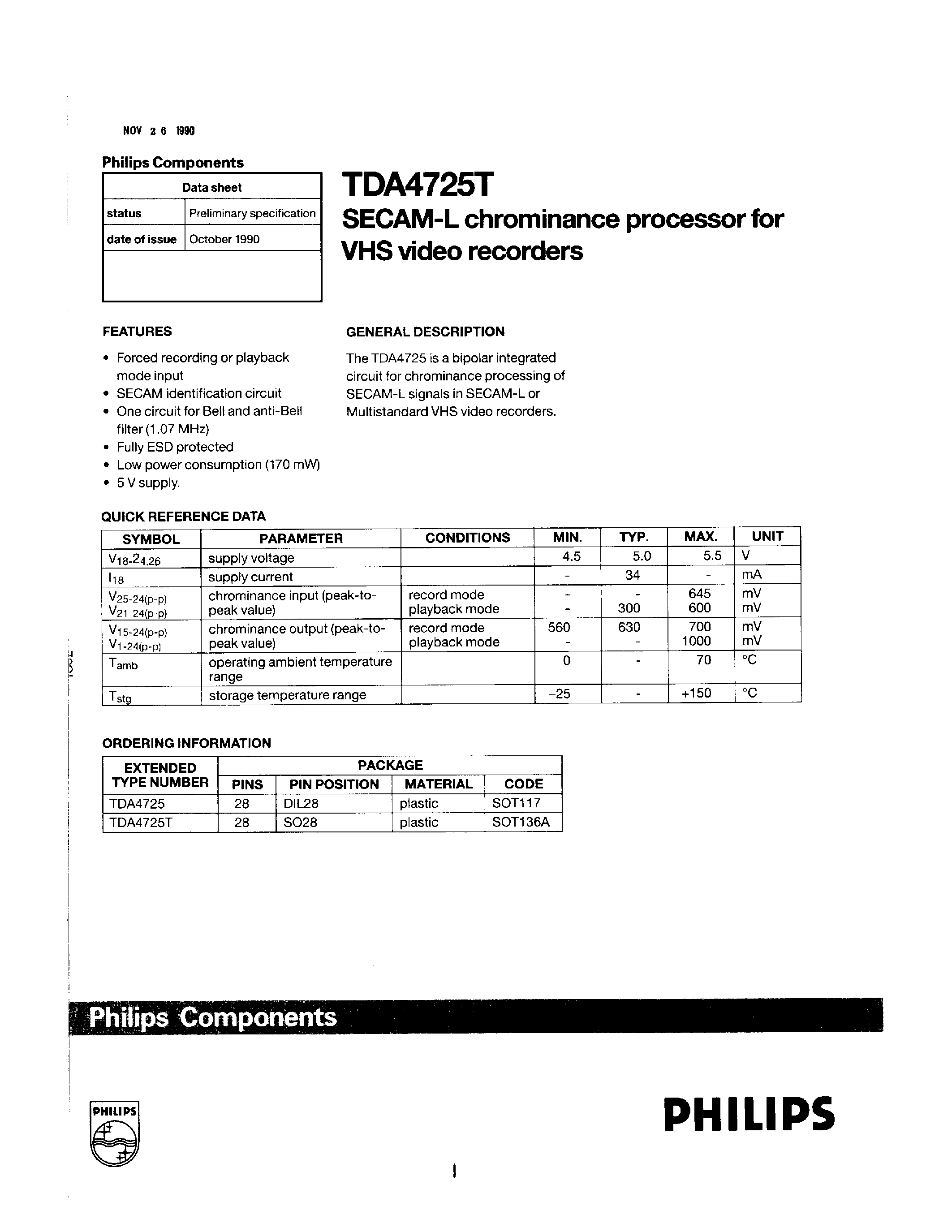 Datasheet TDA4725 - SECAM-L CHROMINANCE PROCESSOR FOR VHS VIDEO RECORDERS page 1
