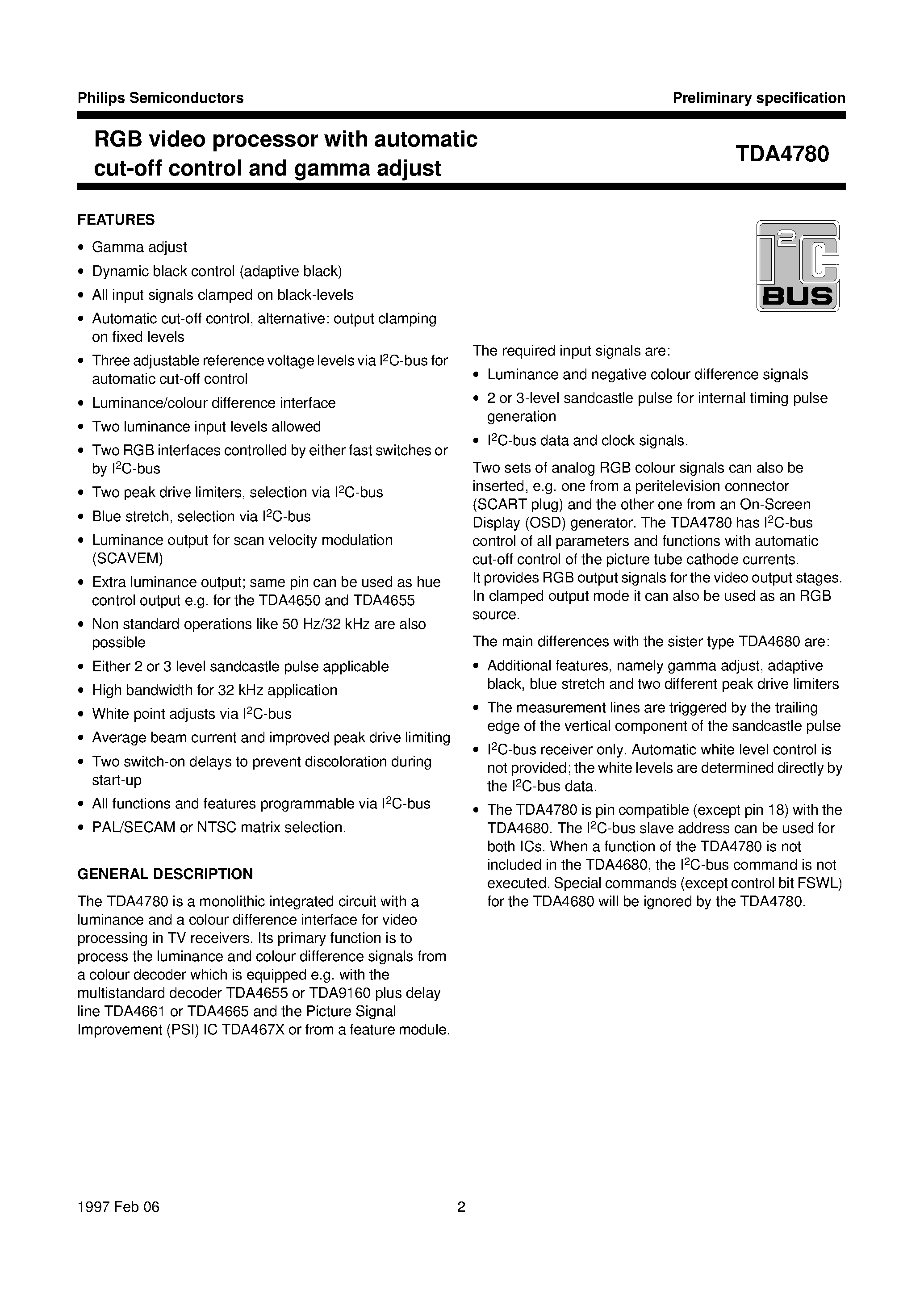 Даташит на микросхему TDA4780 страница 2 Даташит TDA4780 - RGB video processor with automatic cut-off control and gamma adjust страница 2