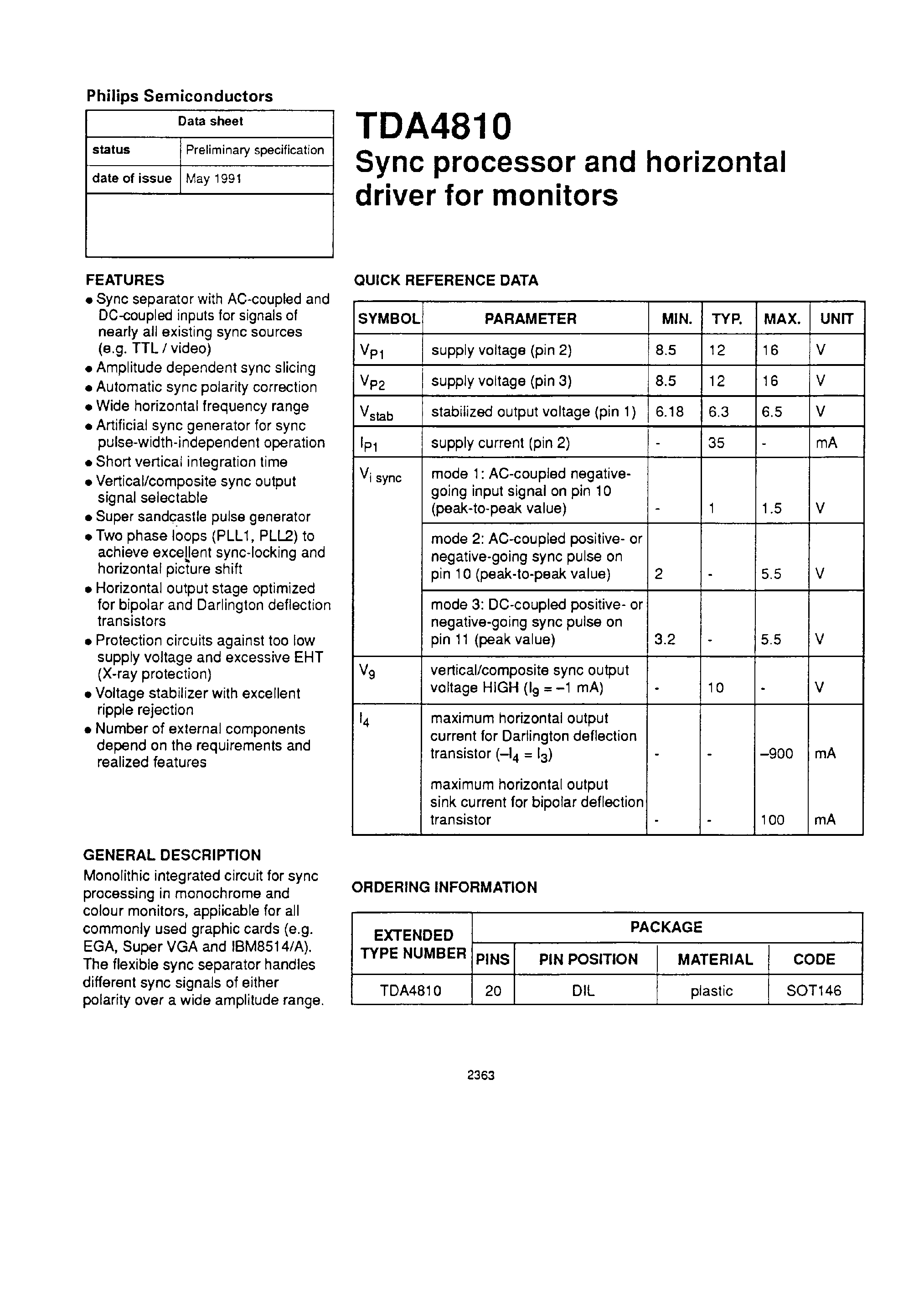 Даташит TDA4810 - SYNC PROCESSOR AND HORIZONTAL DRIVE FOR MONITORS страница 1