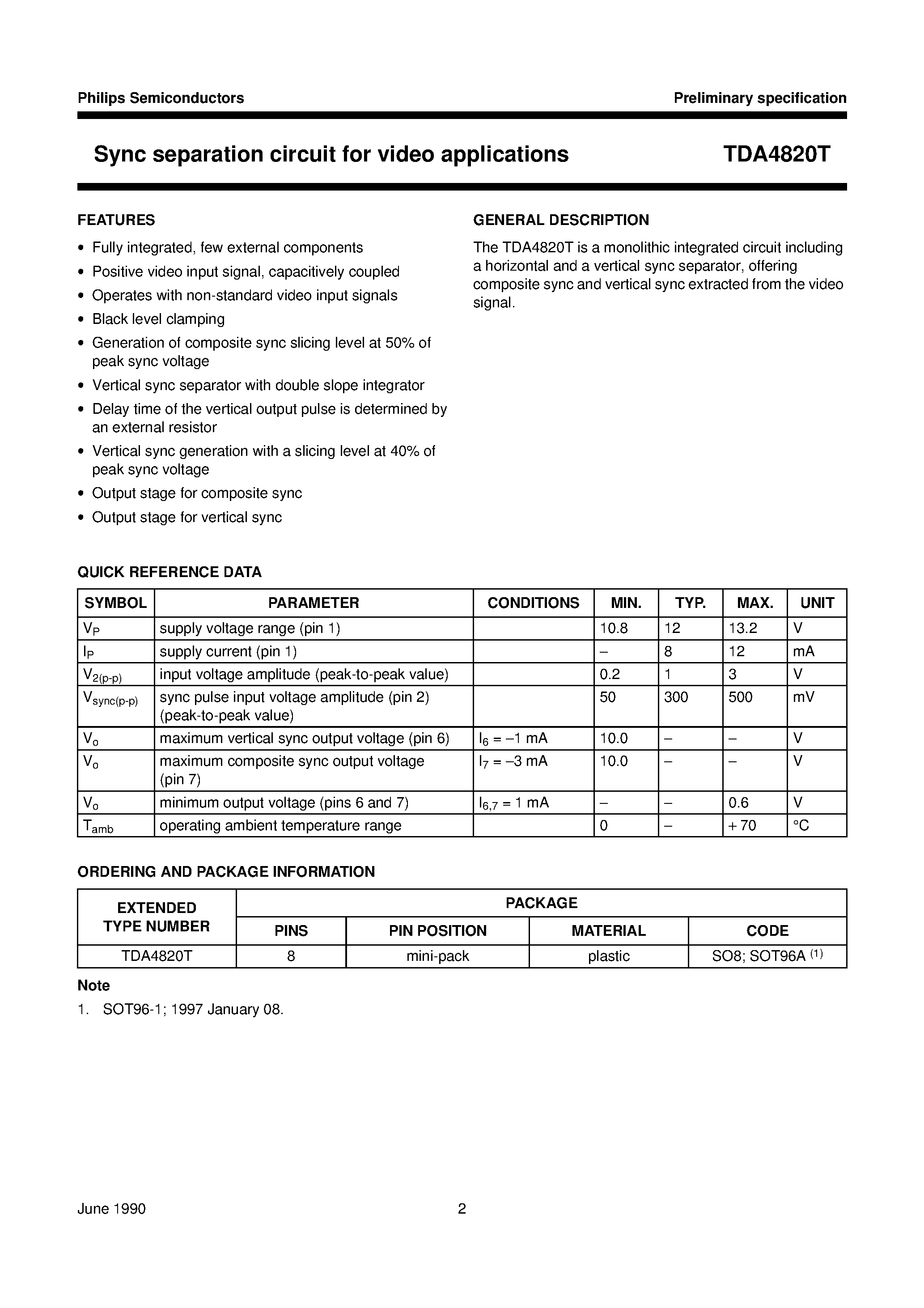 Даташит TDA4820T - Sync separation circuit for video applications страница 2