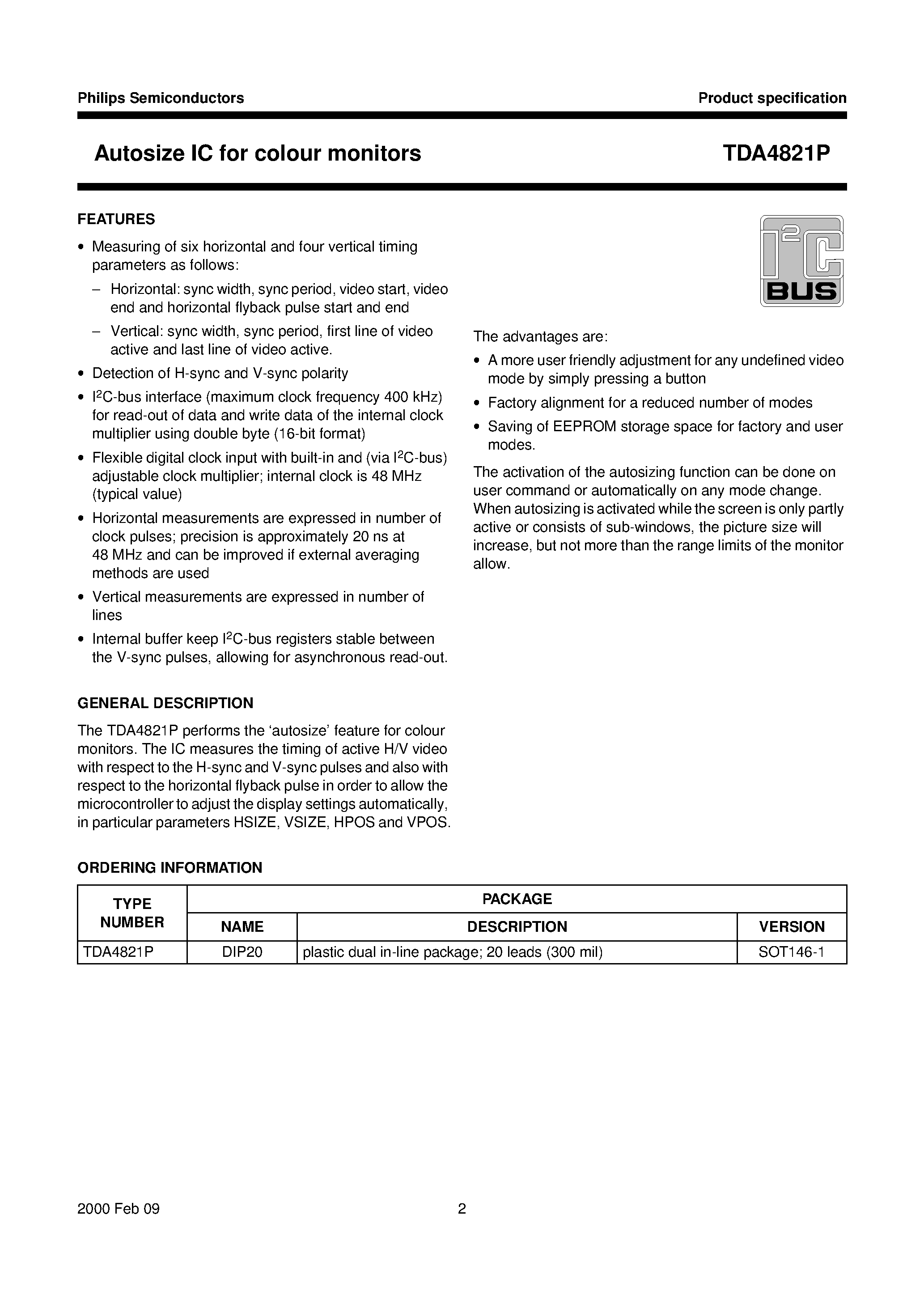 Даташит TDA4821P - Autosize IC for colour monitors страница 2