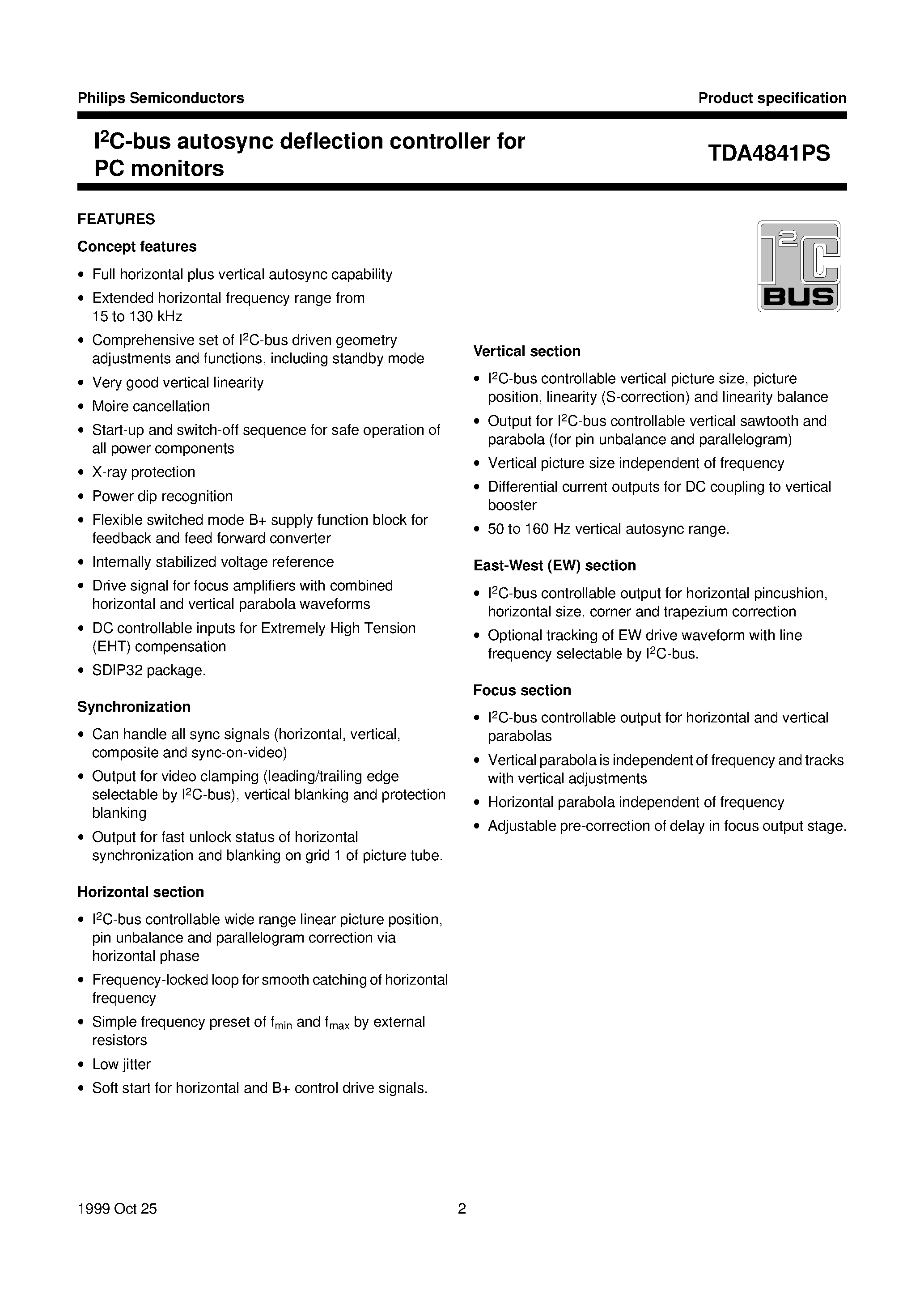 Даташит TDA4841PS - I2C-bus autosync deflection controller for PC monitors страница 2