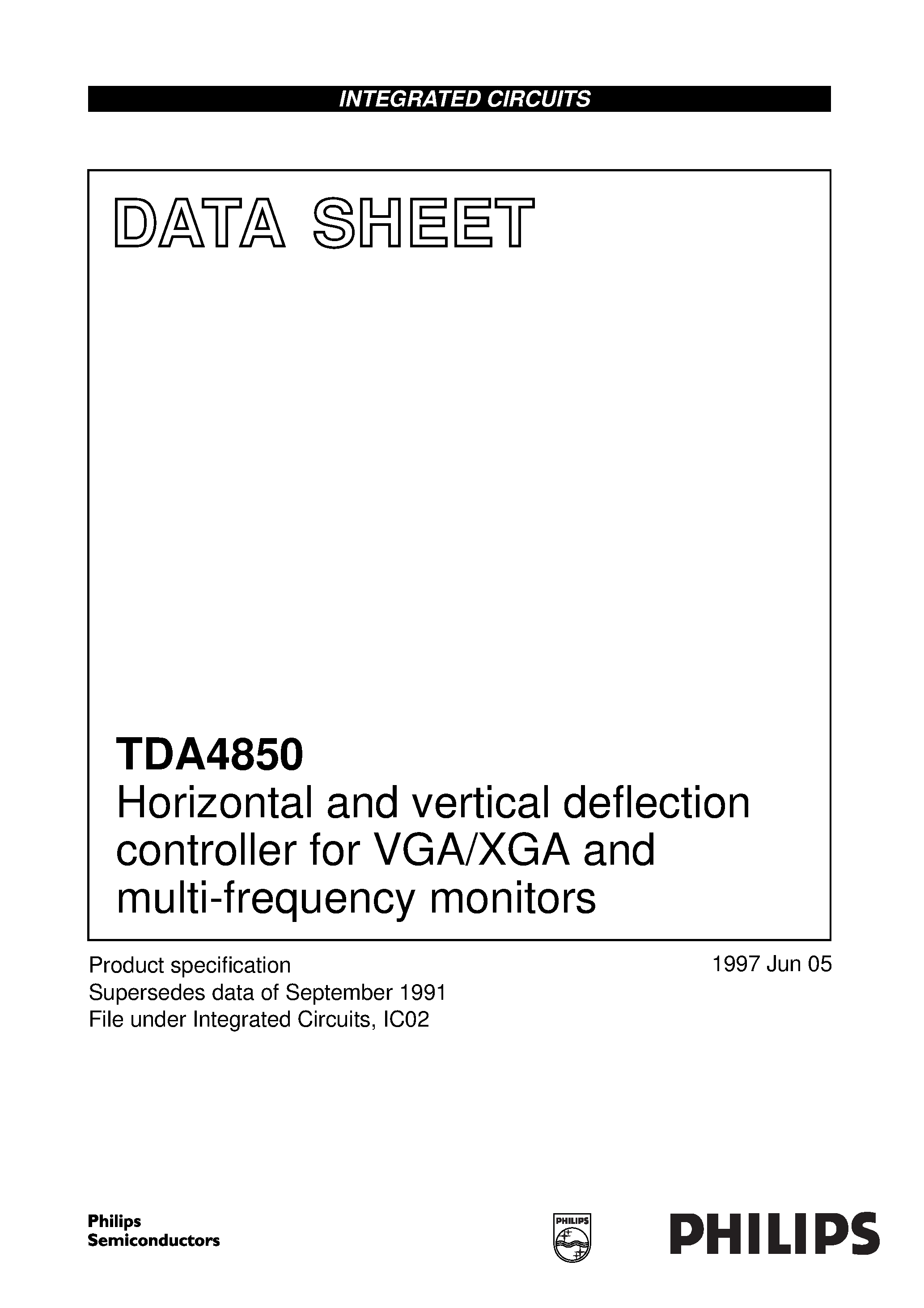 Даташит TDA4850 - Horizontal and vertical deflection controller for VGA/XGA and multi-frequency monitors страница 1