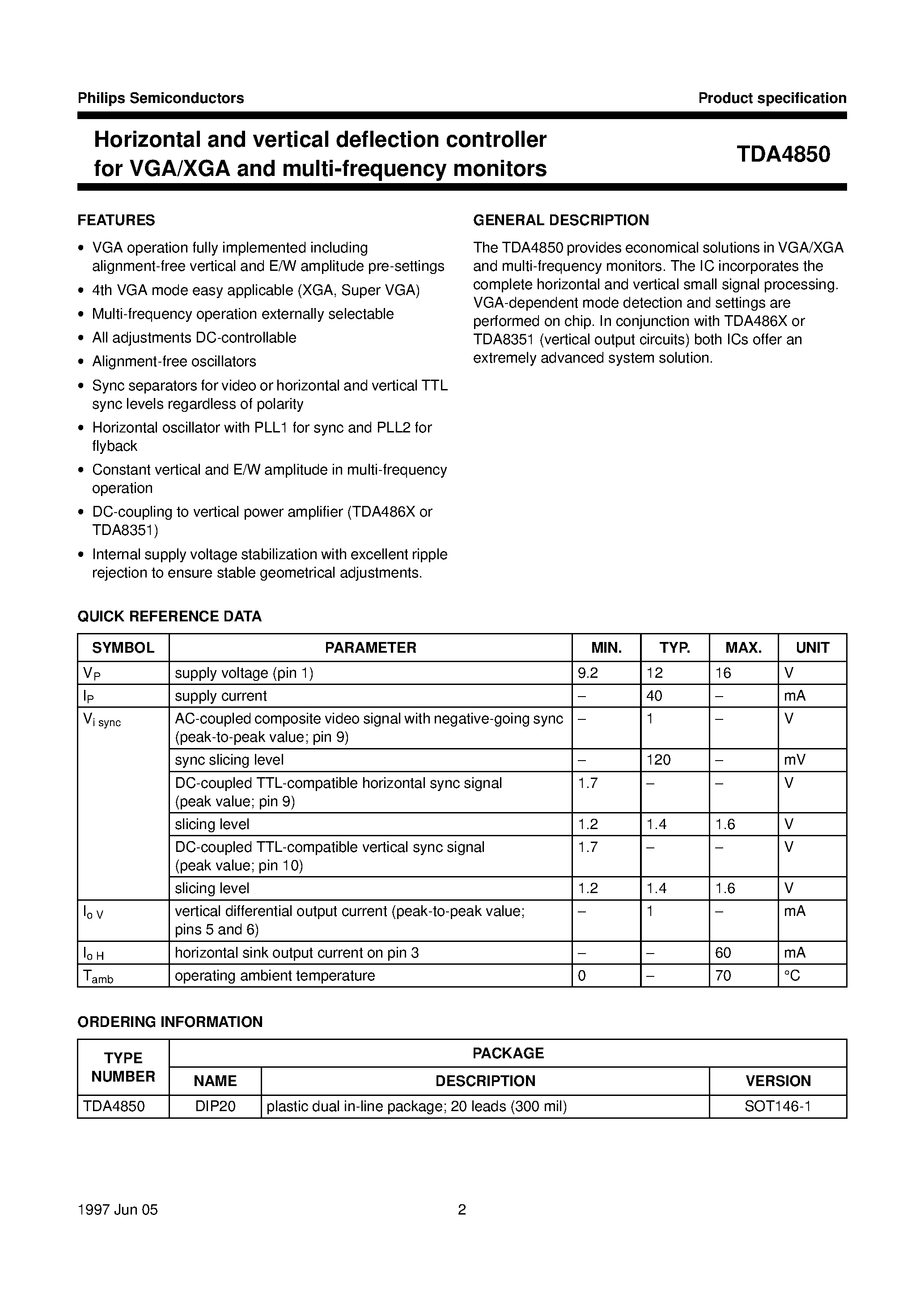 Даташит TDA4850 - Horizontal and vertical deflection controller for VGA/XGA and multi-frequency monitors страница 2