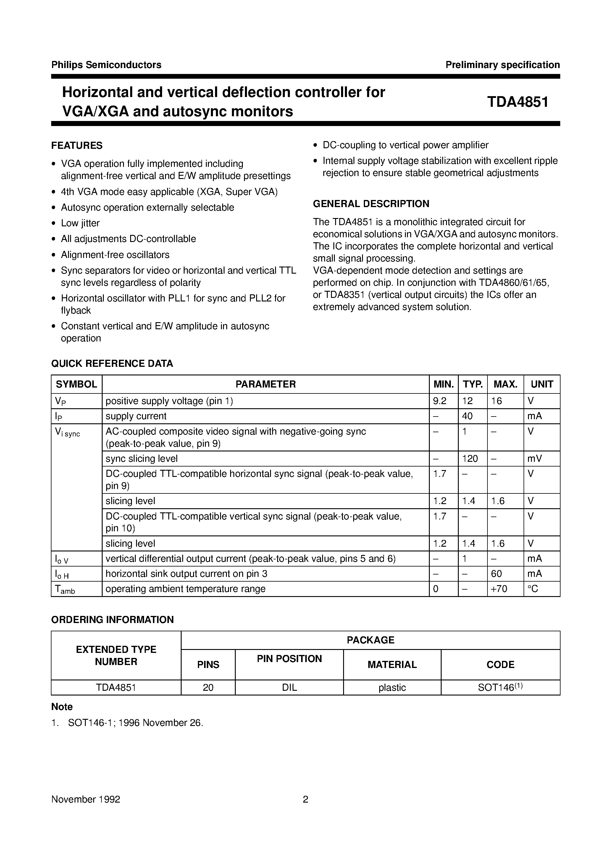 Даташит TDA4851 - Horizontal and vertical deflection controller for VGA/XGA and autosync monitors страница 2