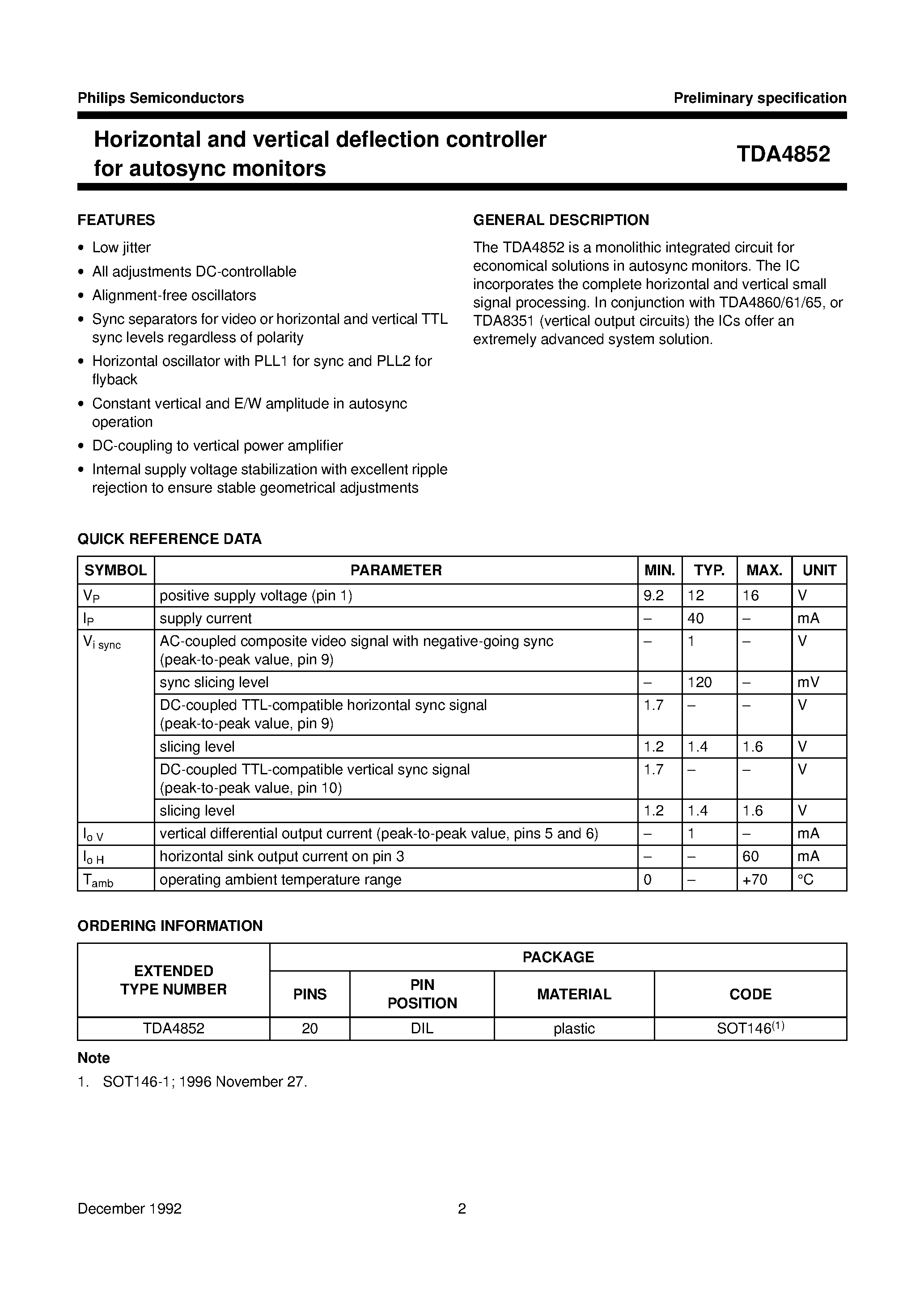 Даташит TDA4852 - Horizontal and vertical deflection controller for autosync monitors страница 2