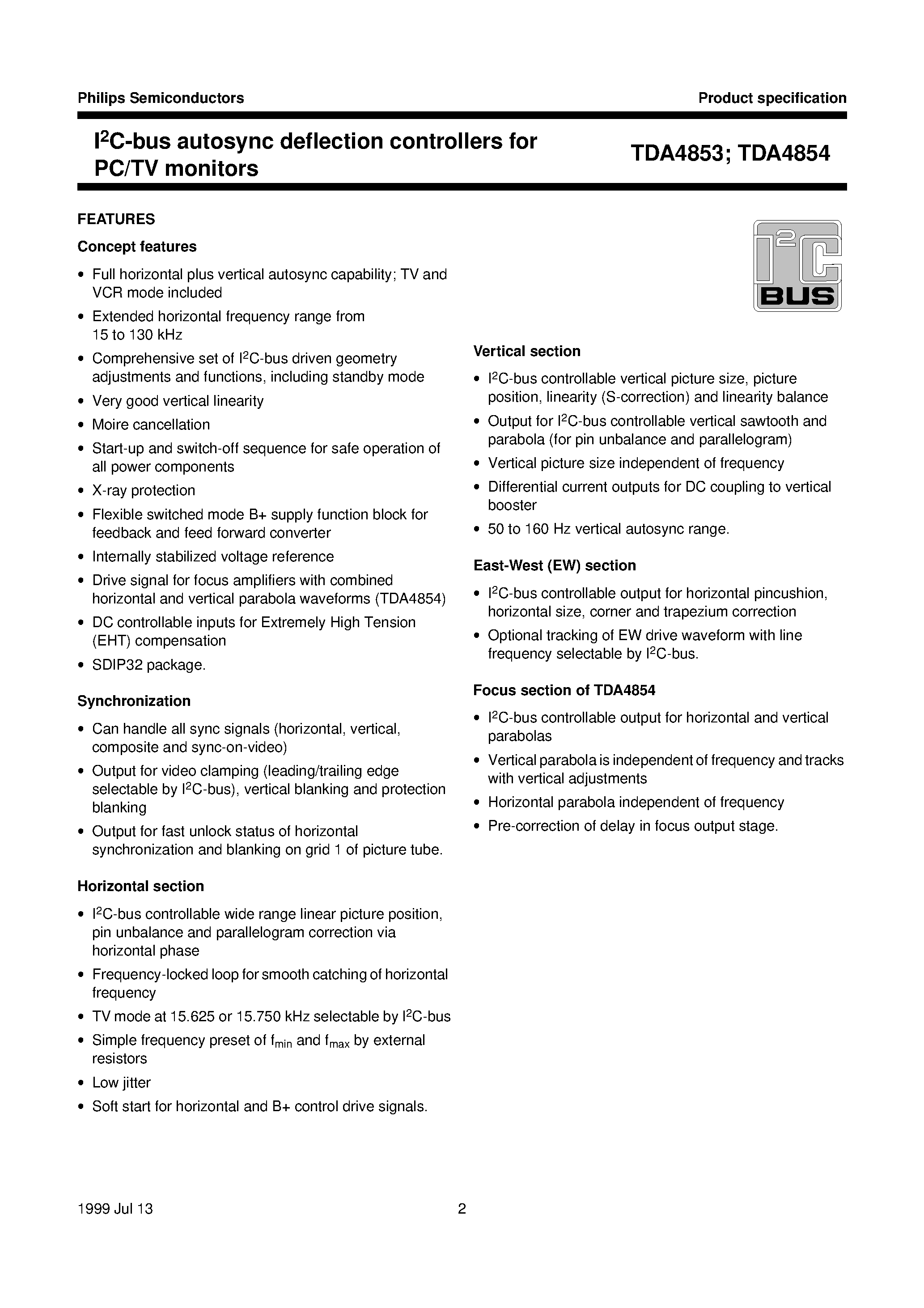 Даташит TDA4853 - I2C-bus autosync deflection controllers for PC/TV monitors страница 2