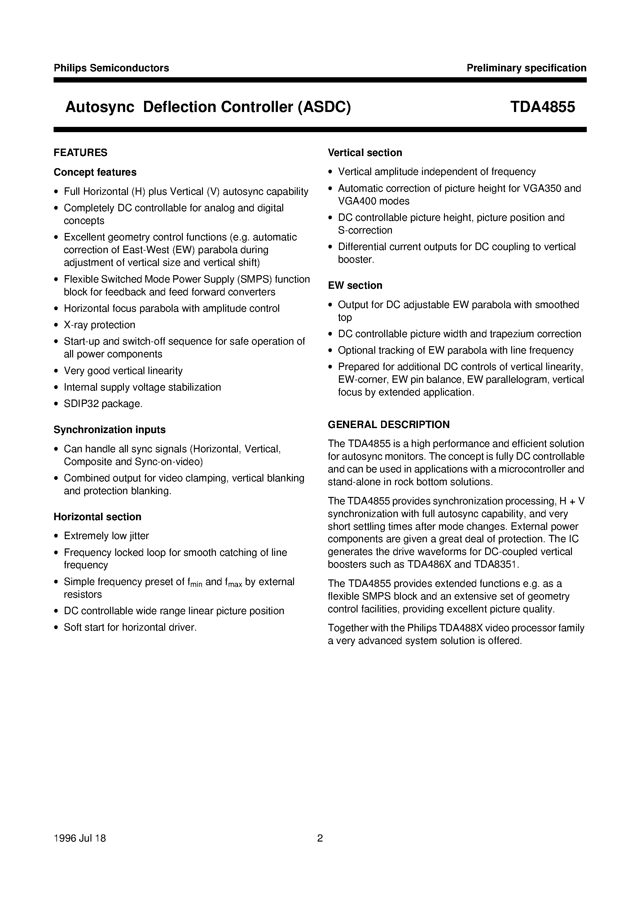 Даташит TDA4855 - Autosync Deflection Controller ASDC страница 2