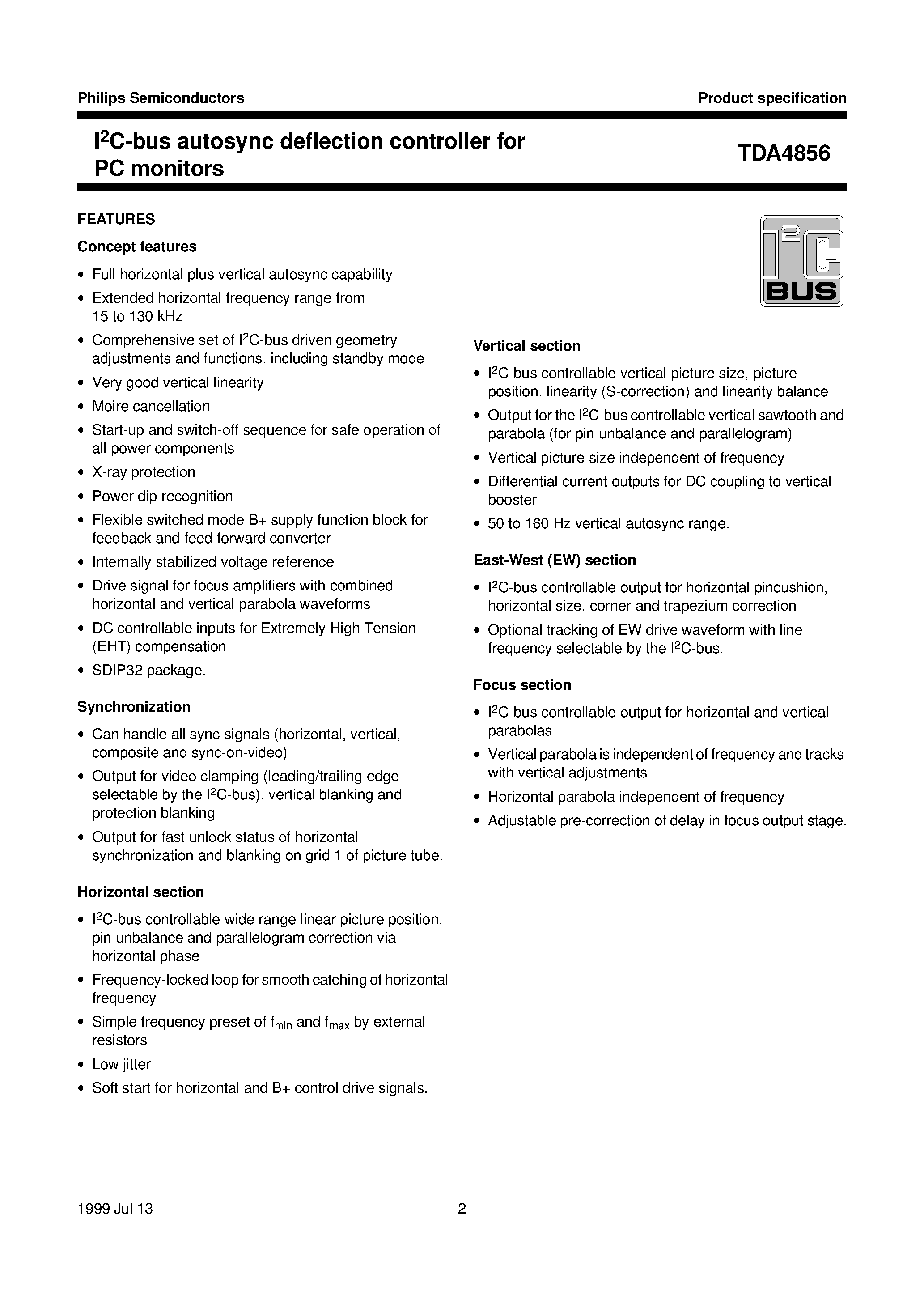 Даташит TDA4856 - I2C-bus autosync deflection controller for PC monitors страница 2