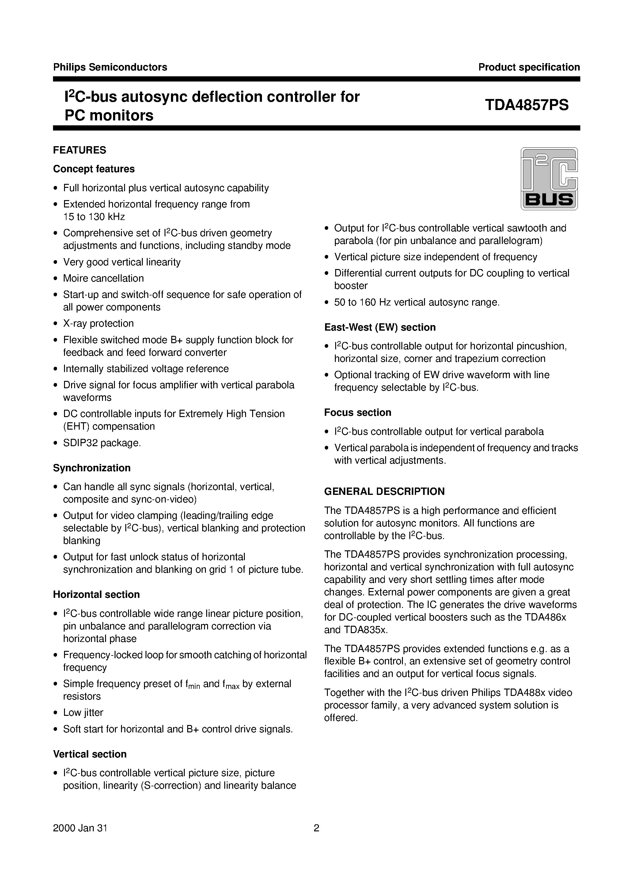 Даташит TDA4857 - I2C-bus autosync deflection controller for PC monitors страница 2