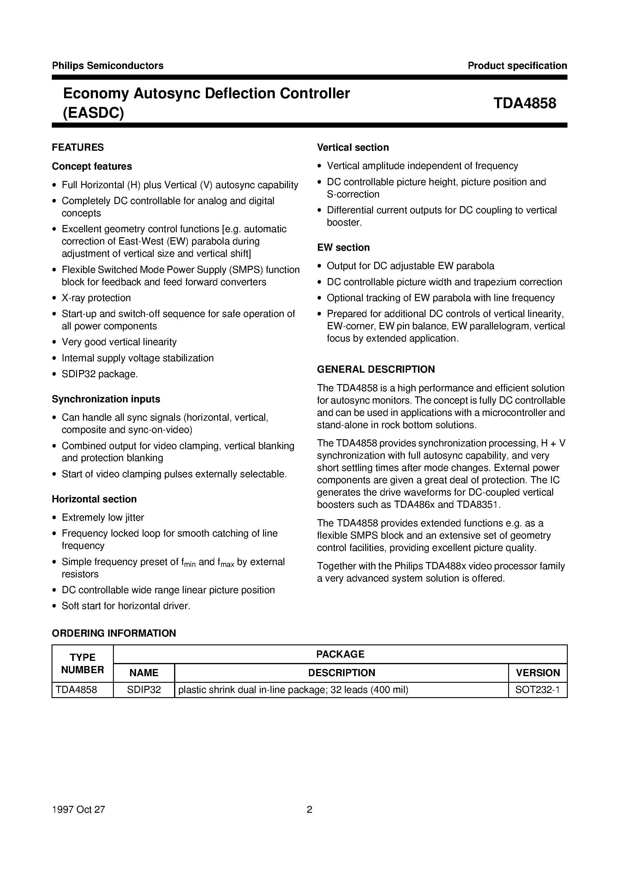 Даташит TDA4858 - Economy Autosync Deflection Controller (EASDC) страница 2