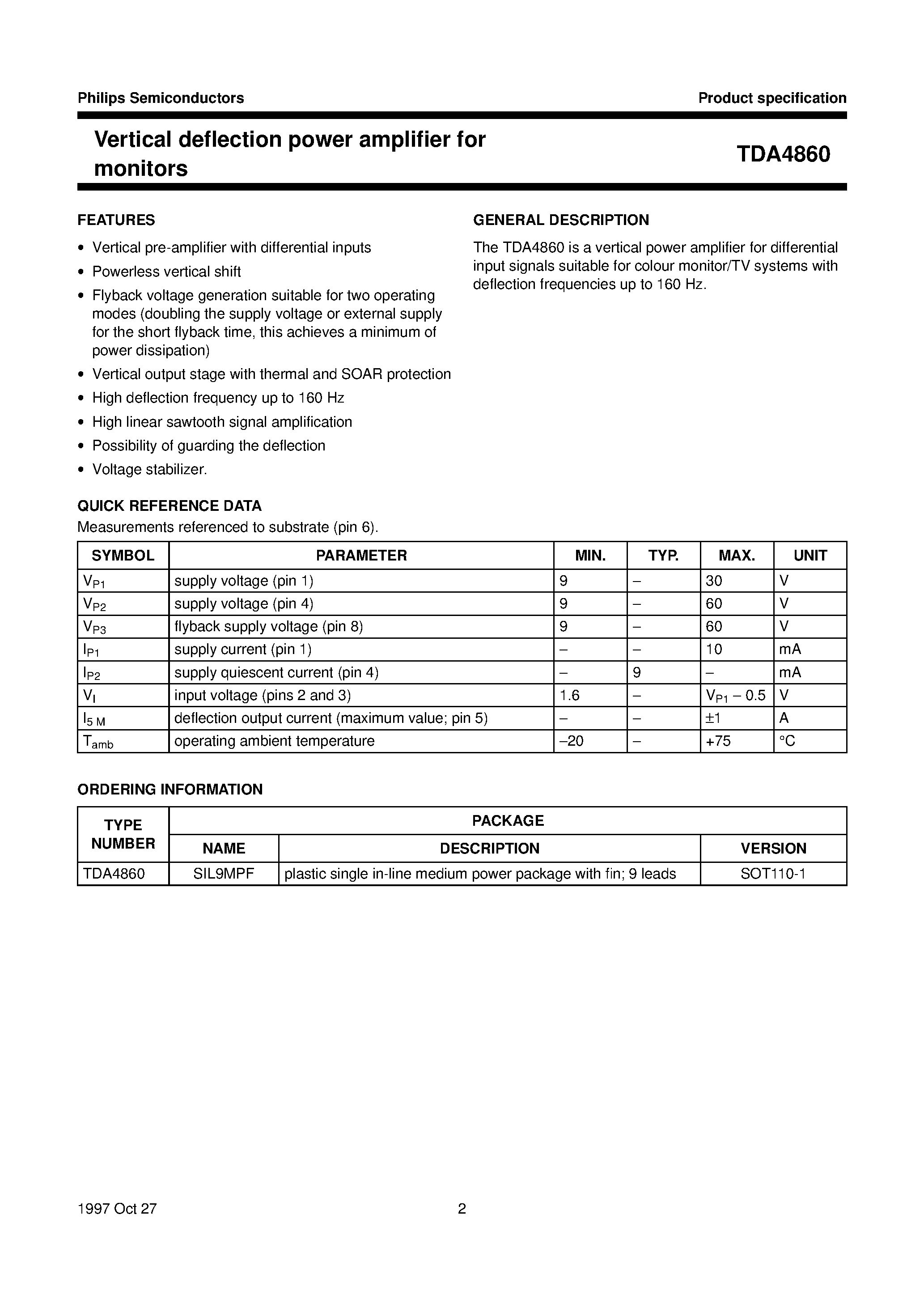 Даташит TDA4860 - Vertical deflection power amplifier for monitors страница 2