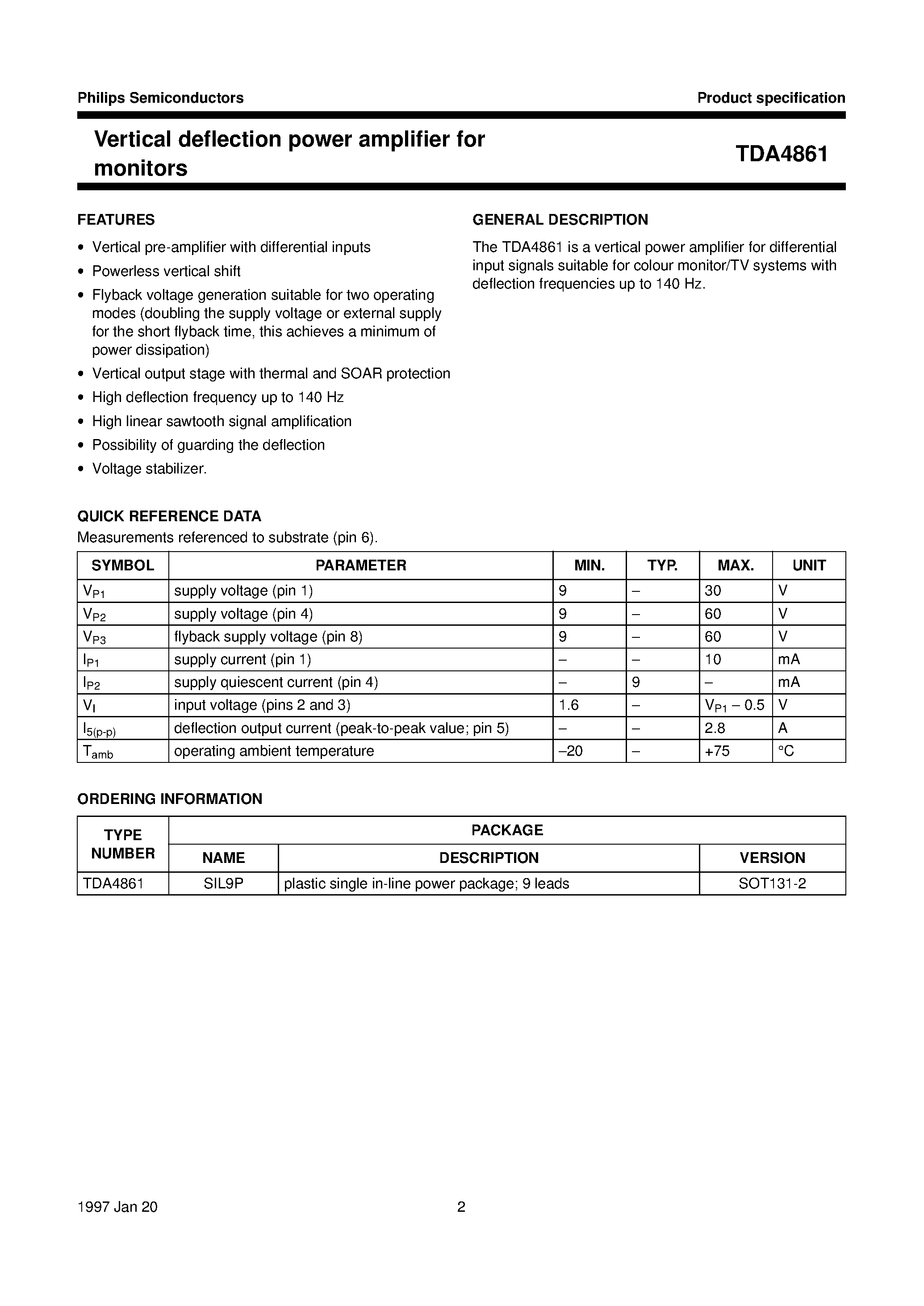 Даташит TDA4861 - Vertical deflection power amplifier for monitors страница 2
