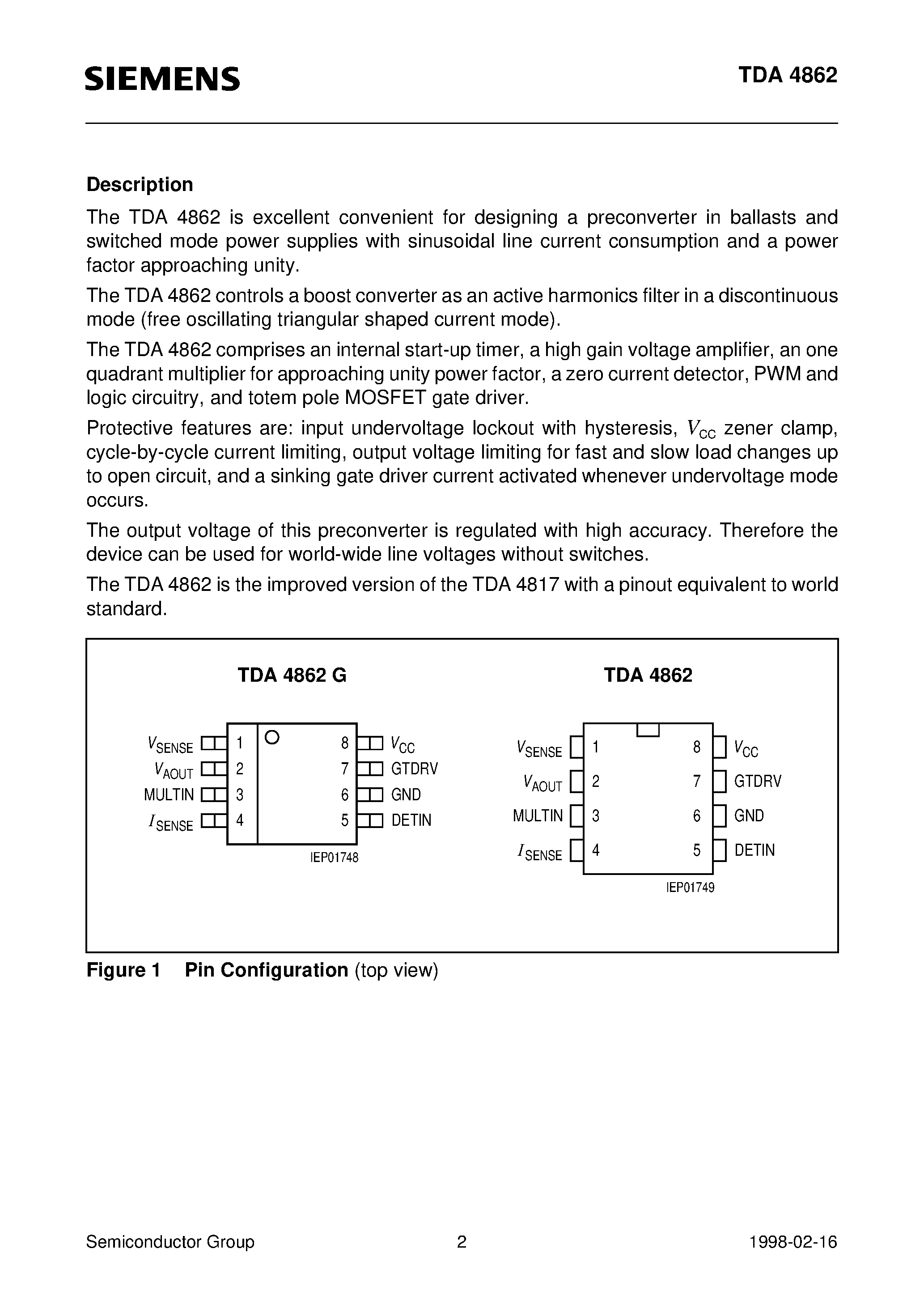Даташит на микросхему TDA4862G страница 2 Даташит TDA4862G - Power-Factor Controller PFC IC for High Power Factor and Active Harmonic Filter страница 2