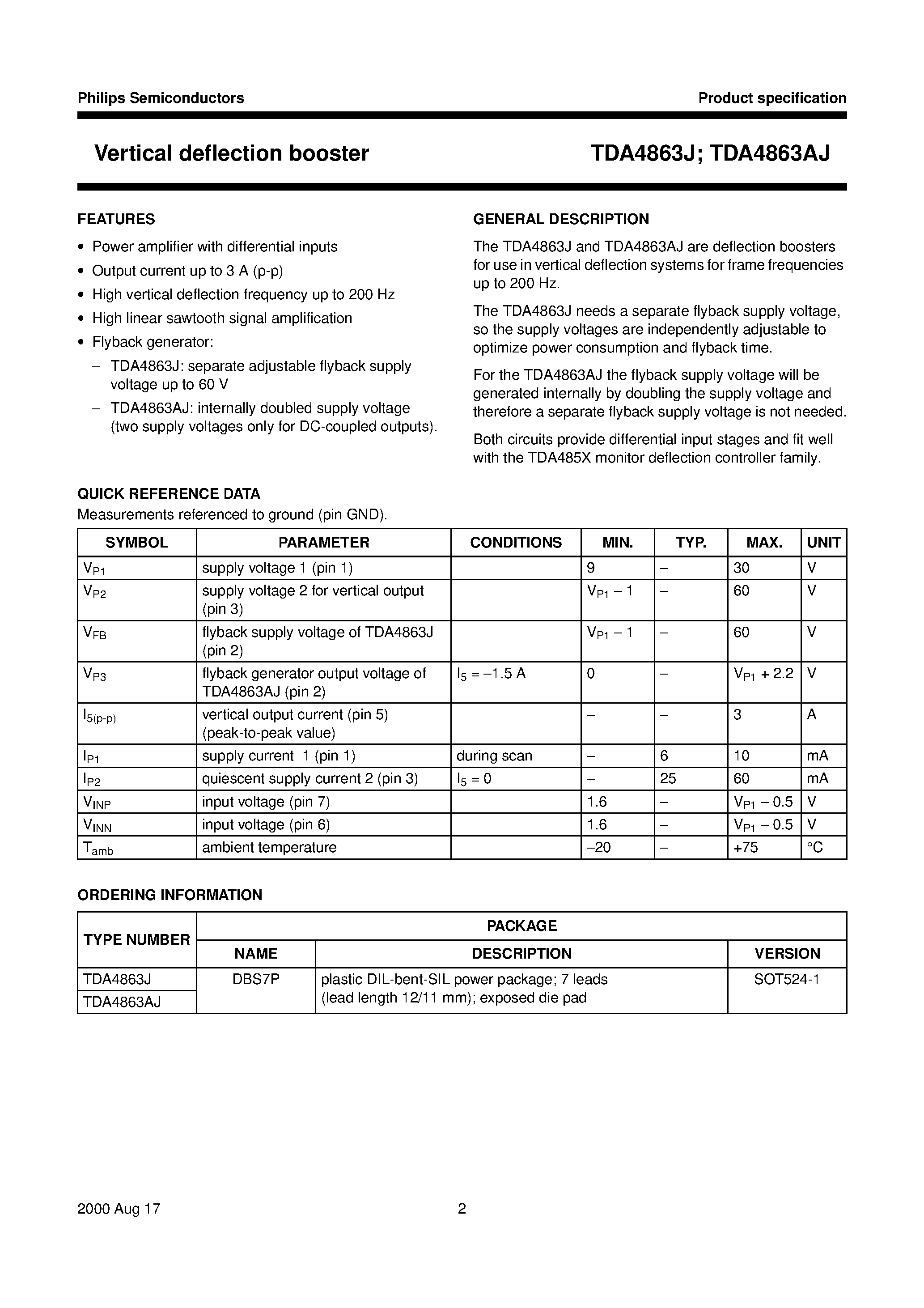 Даташит TDA4863J - Vertical deflection booster страница 2