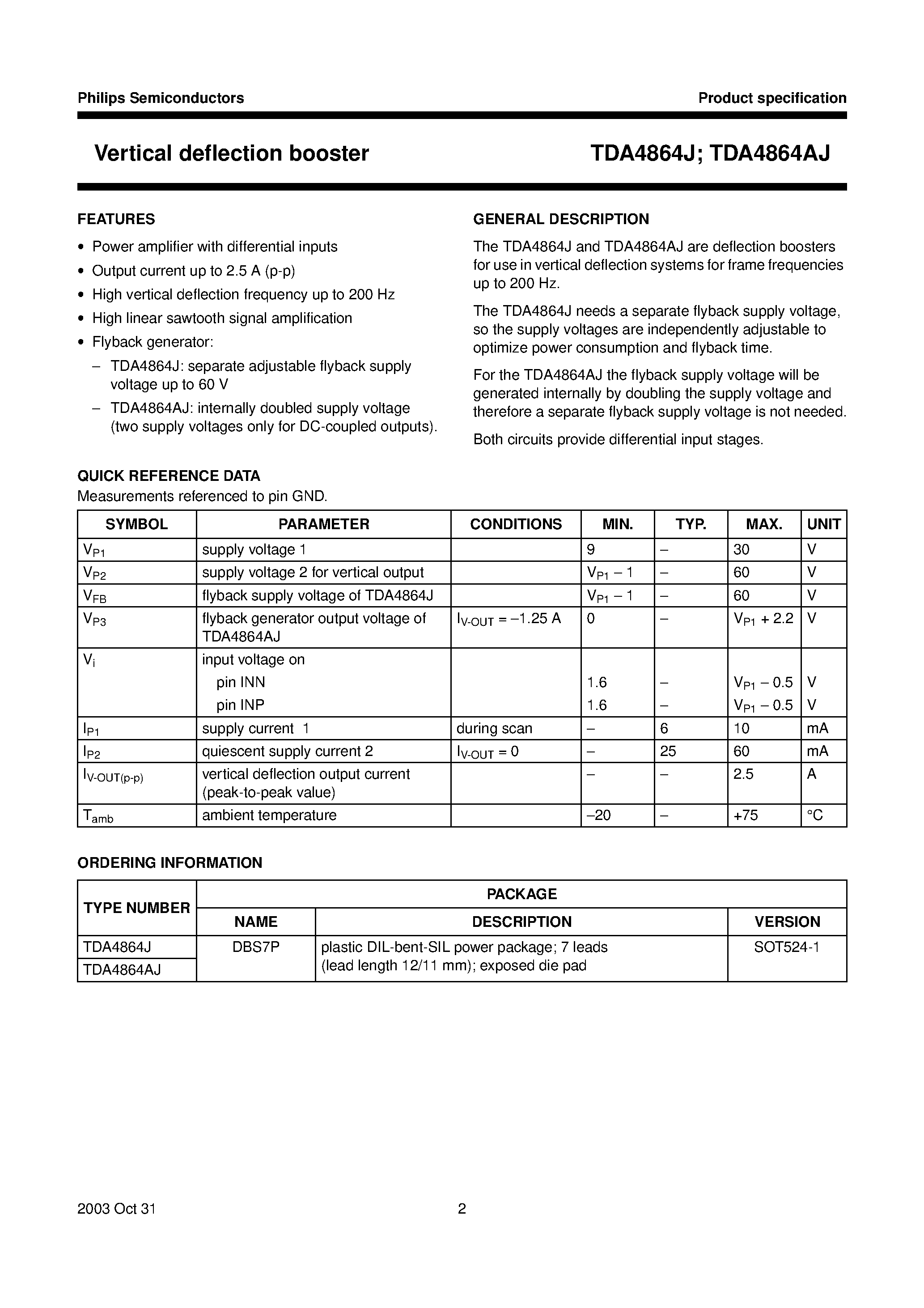 Даташит TDA4864AJ - Vertical deflection booster страница 2